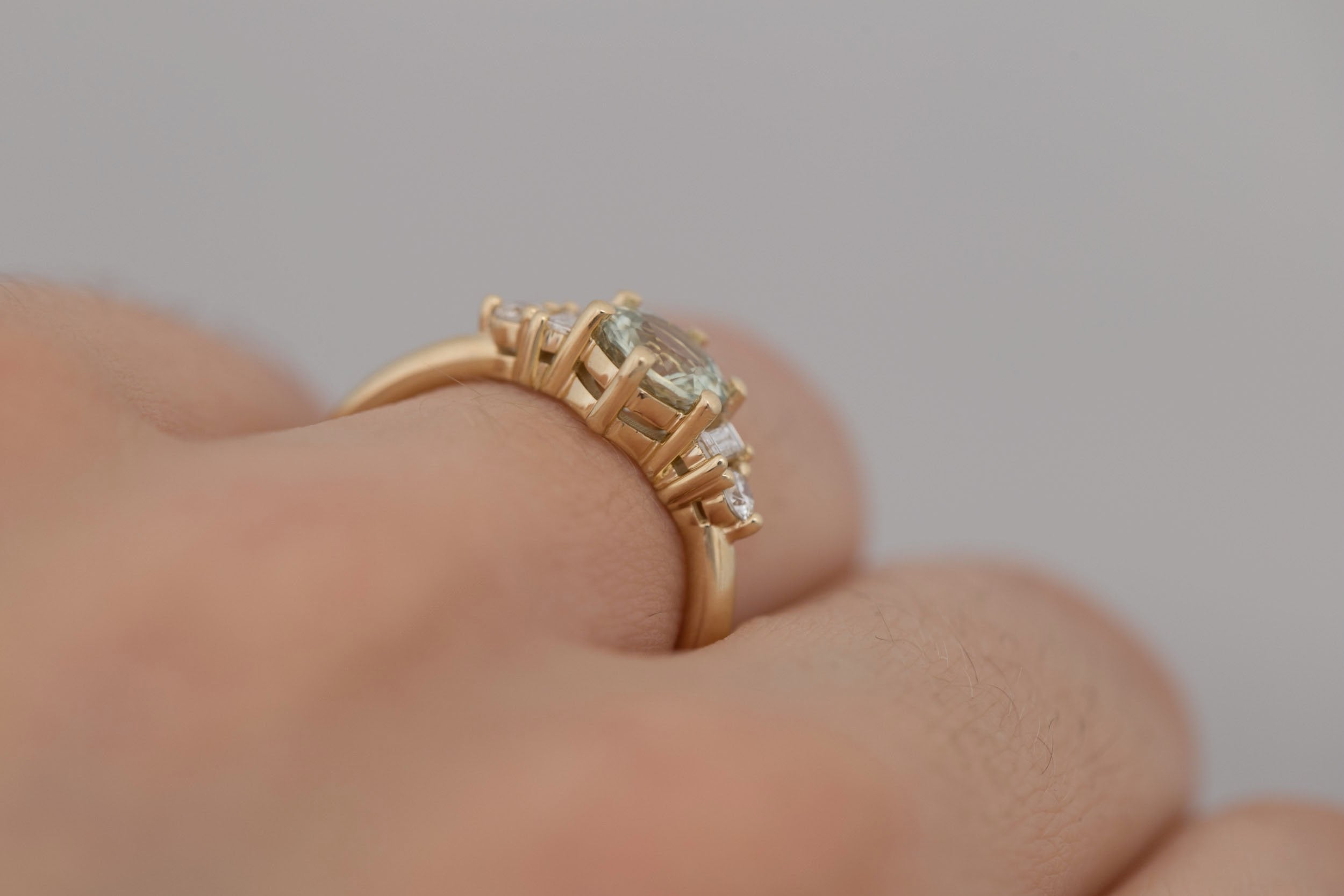 Alsea Ring | Mint Round Sapphire + Baguette and Round Diamond Accent Engagement Ring 1.29 ct | 14k Recycled Yellow Gold | One of a Kind