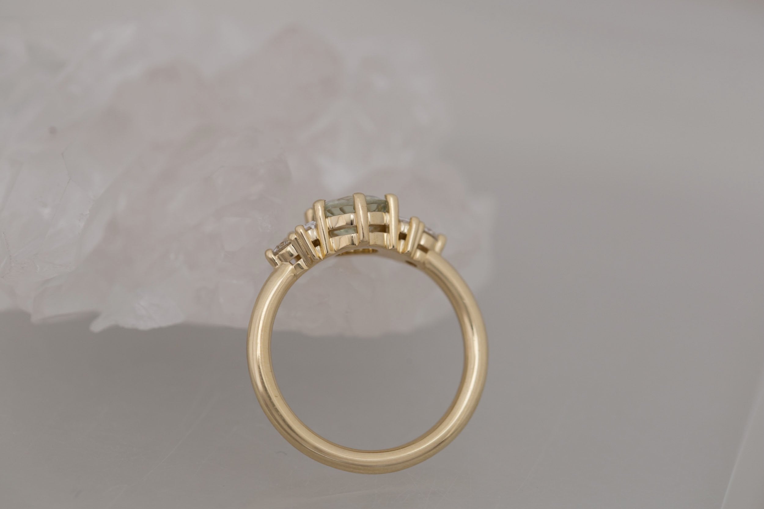 Alsea Ring | Mint Round Sapphire + Baguette and Round Diamond Accent Engagement Ring 1.29 ct | 14k Recycled Yellow Gold | One of a Kind