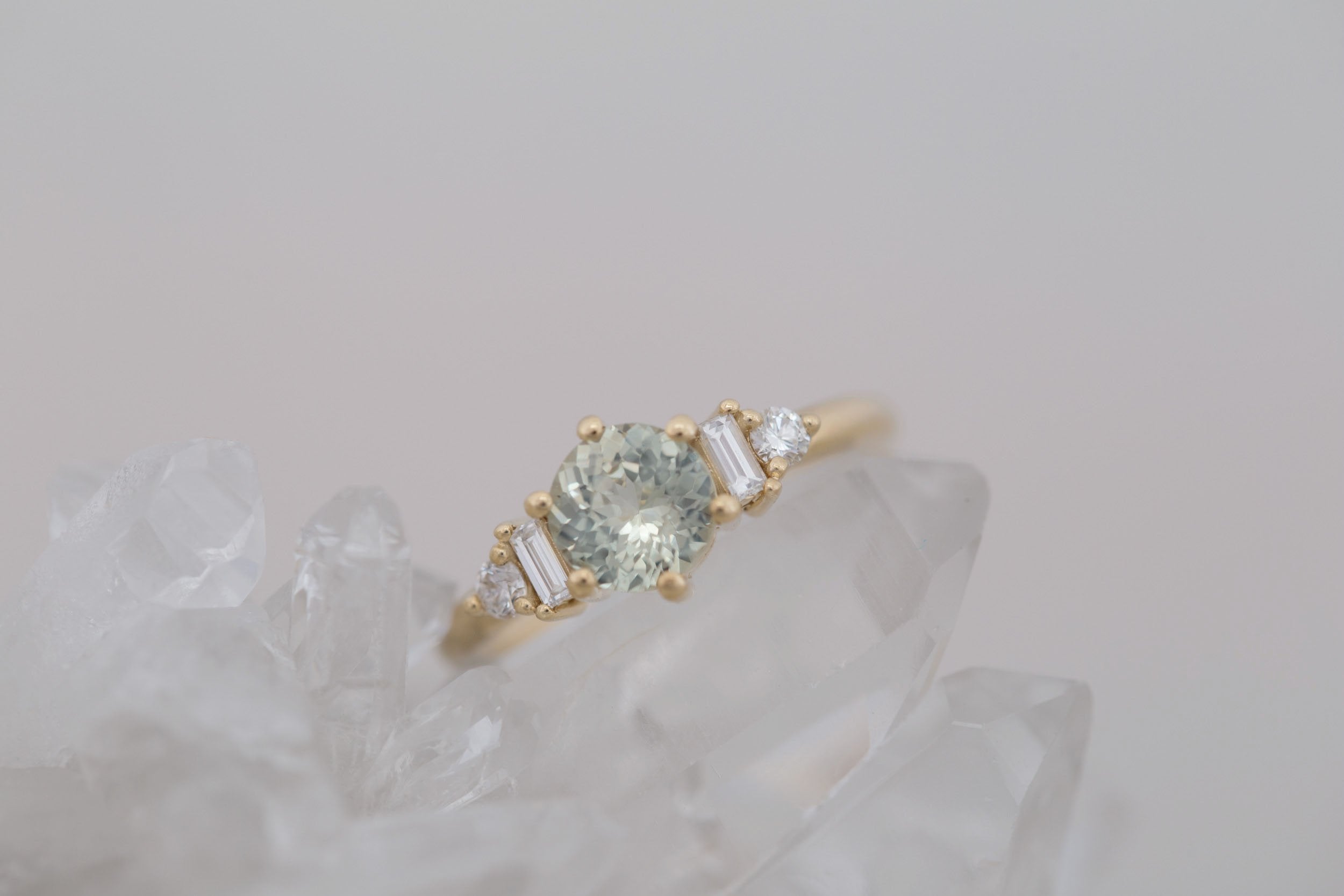 Alsea Ring | Mint Round Sapphire + Baguette and Round Diamond Accent Engagement Ring 1.29 ct | 14k Recycled Yellow Gold | One of a Kind