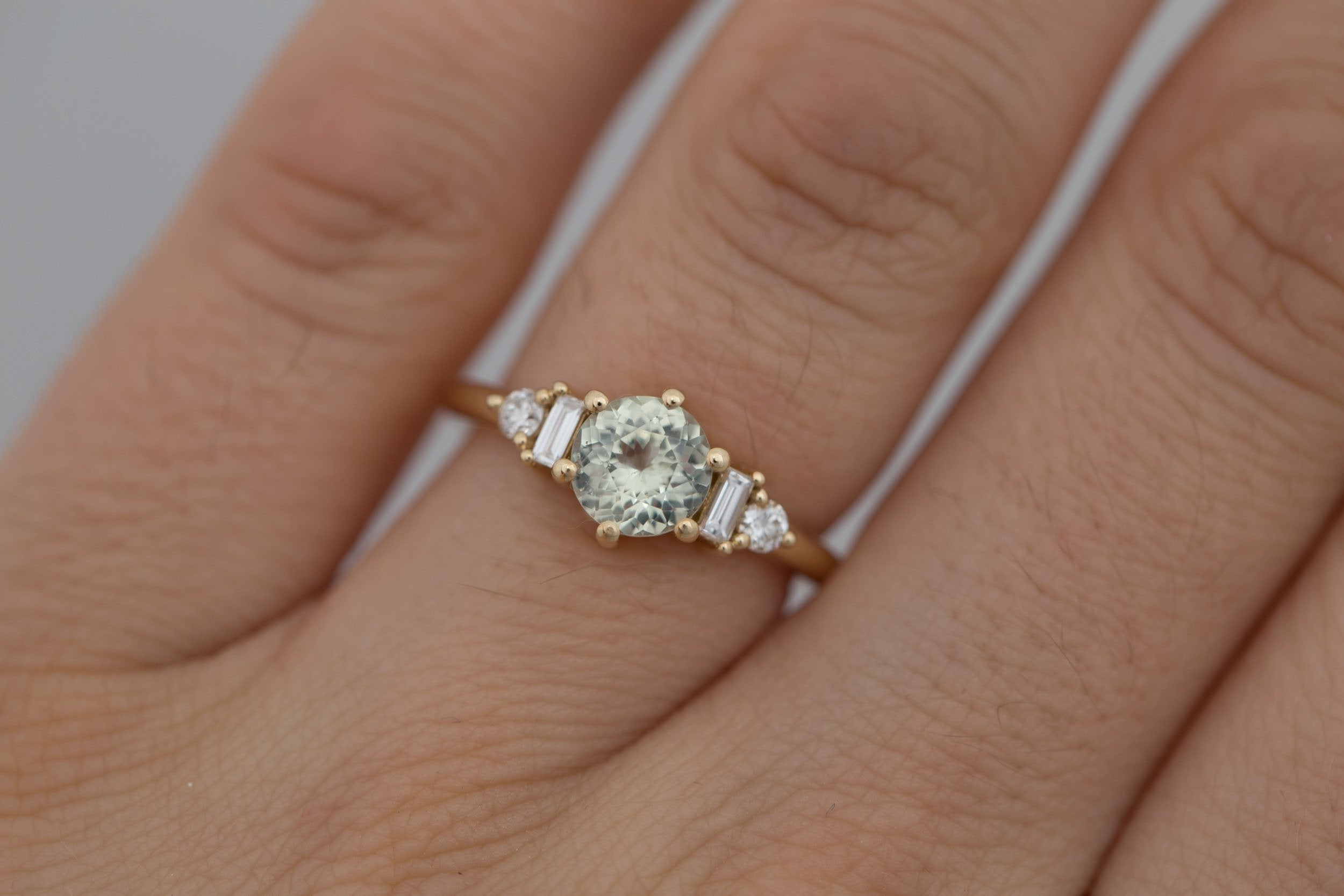 Alsea Ring | Mint Round Sapphire + Baguette and Round Diamond Accent Engagement Ring 1.29 ct | 14k Recycled Yellow Gold | One of a Kind