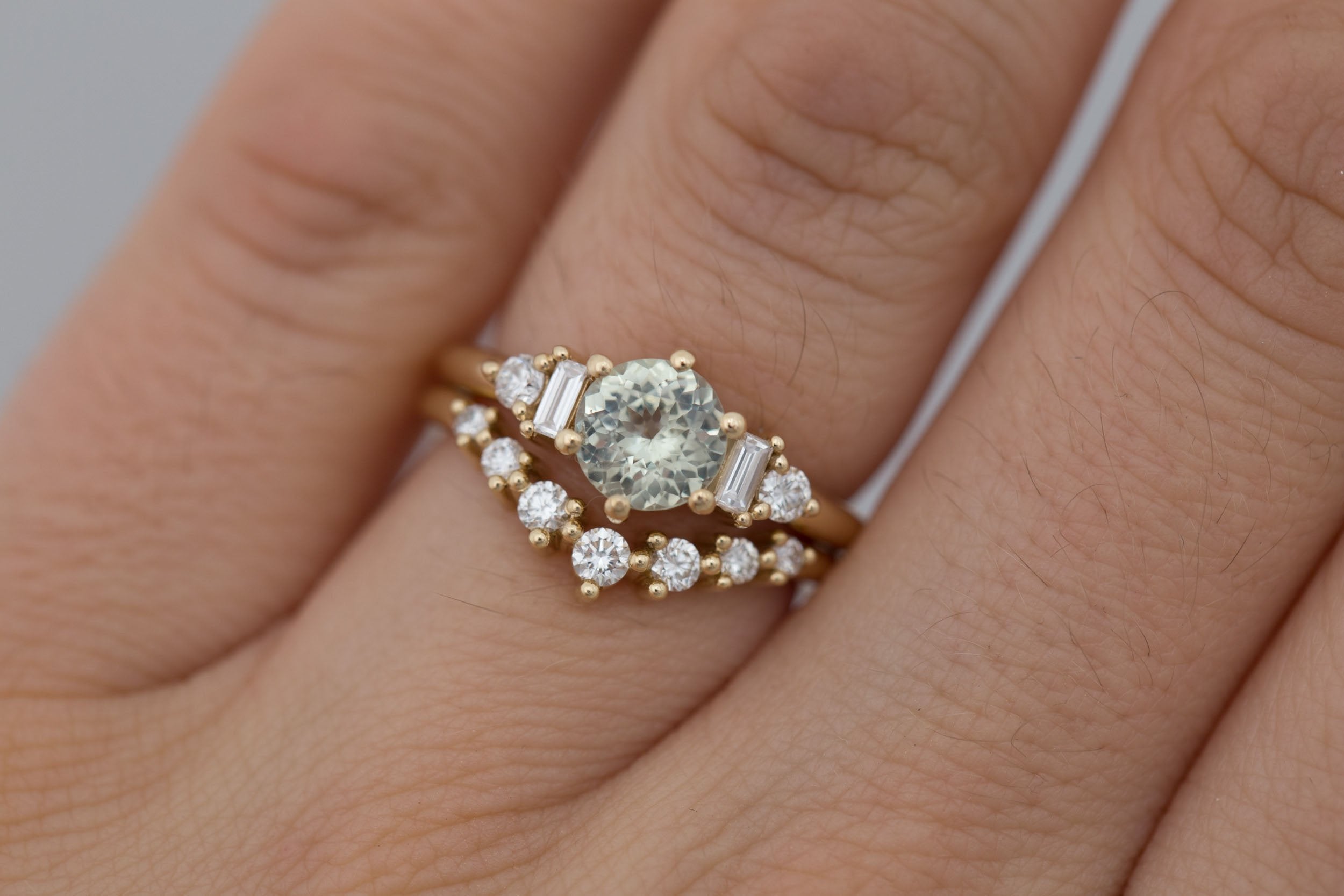 Alsea Ring | Mint Round Sapphire + Baguette and Round Diamond Accent Engagement Ring 1.29 ct | 14k Recycled Yellow Gold | One of a Kind