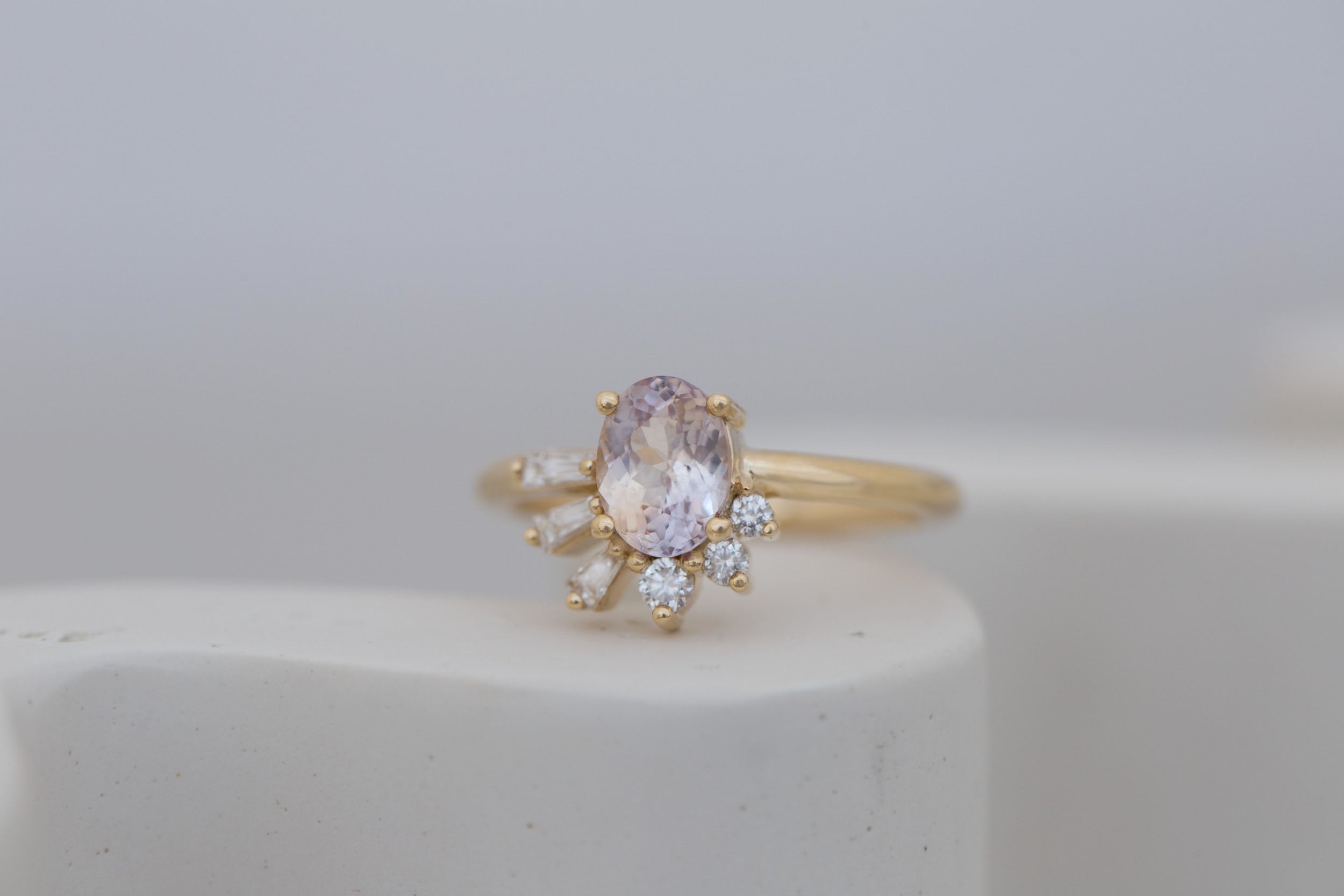 Sol Ring | Bicolor Oval Sapphire + Baguette and Round Diamond Cluster Engagement Ring 1.29 ct | 14k Recycled Gold | One of a Kind