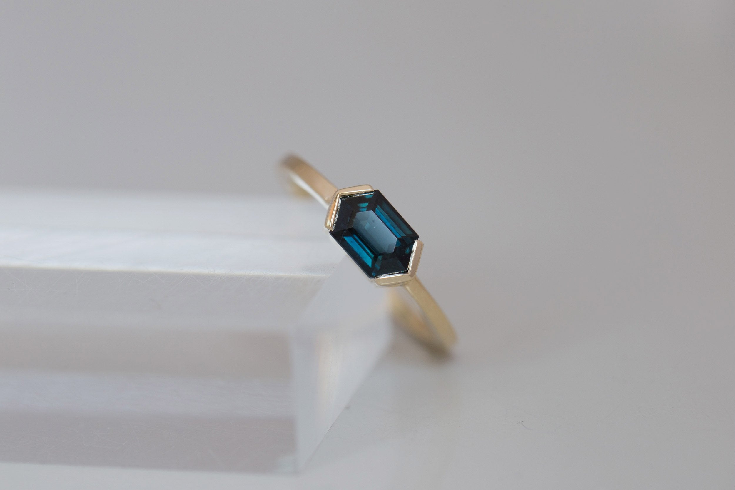 Varda Ring | Dark Teal Hexagonal Sapphire Engagement Ring 1.30 ct | 14k Recycled Gold | One of a Kind