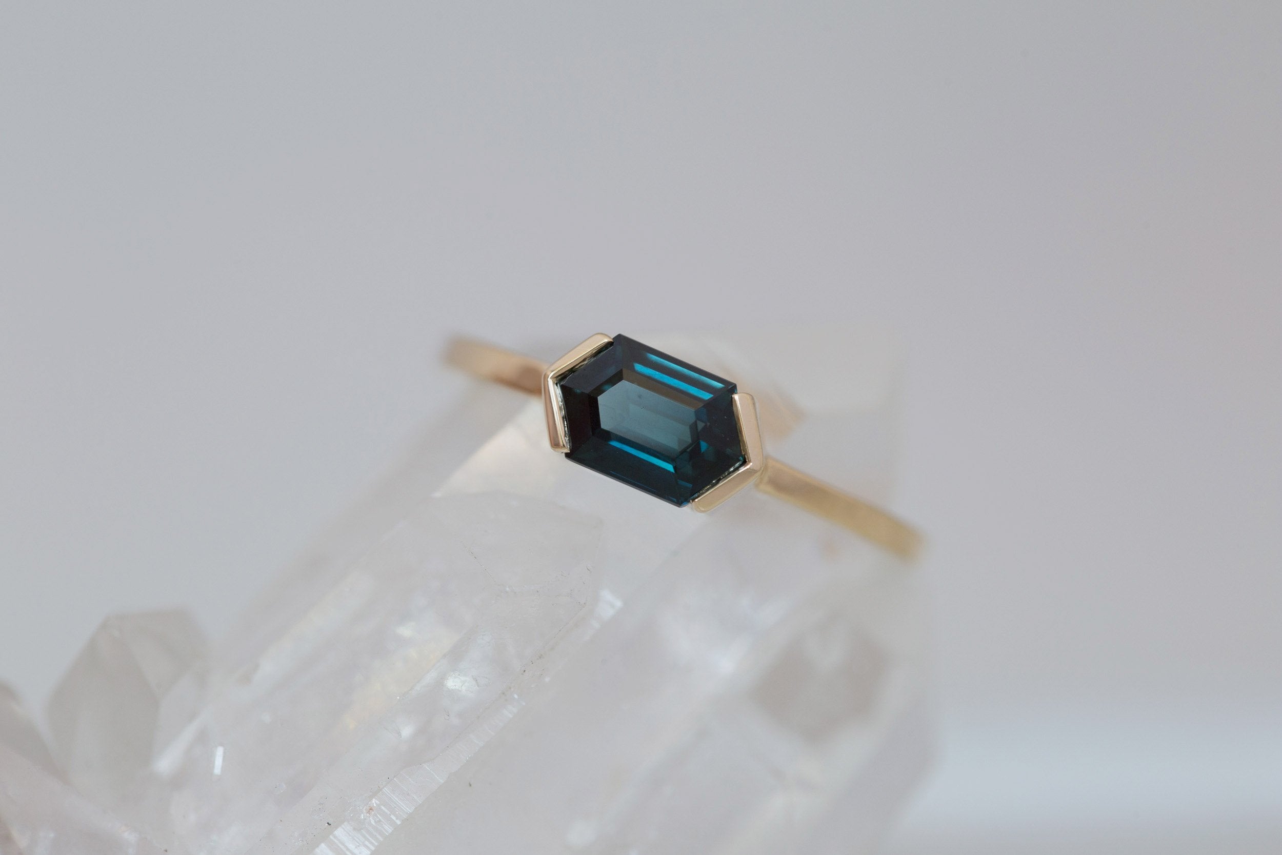 Varda Ring | Dark Teal Hexagonal Sapphire Engagement Ring 1.30 ct | 14k Recycled Gold | One of a Kind
