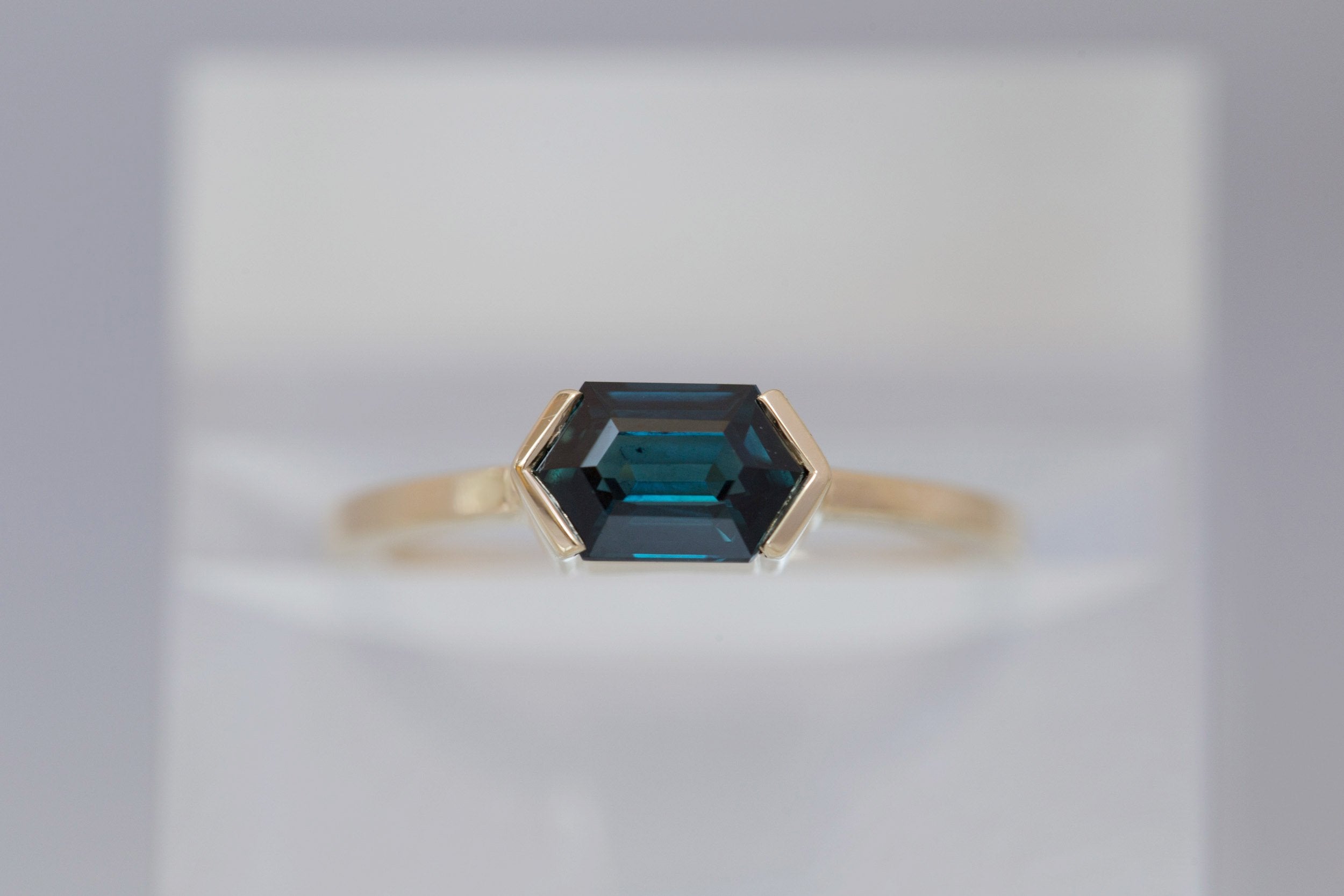 Varda Ring | Dark Teal Hexagonal Sapphire Engagement Ring 1.30 ct | 14k Recycled Gold | One of a Kind
