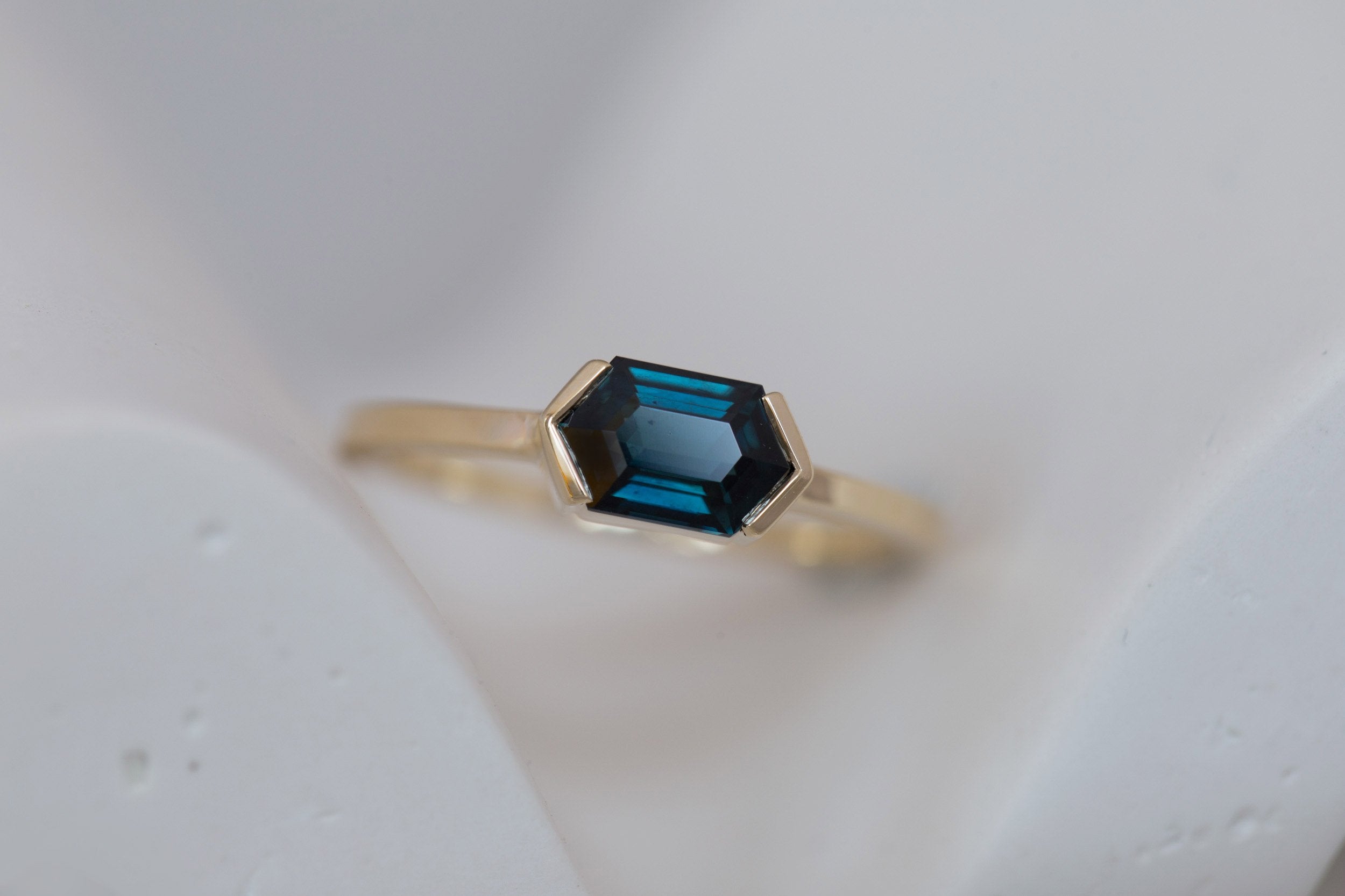 Varda Ring | Dark Teal Hexagonal Sapphire Engagement Ring 1.30 ct | 14k Recycled Gold | One of a Kind