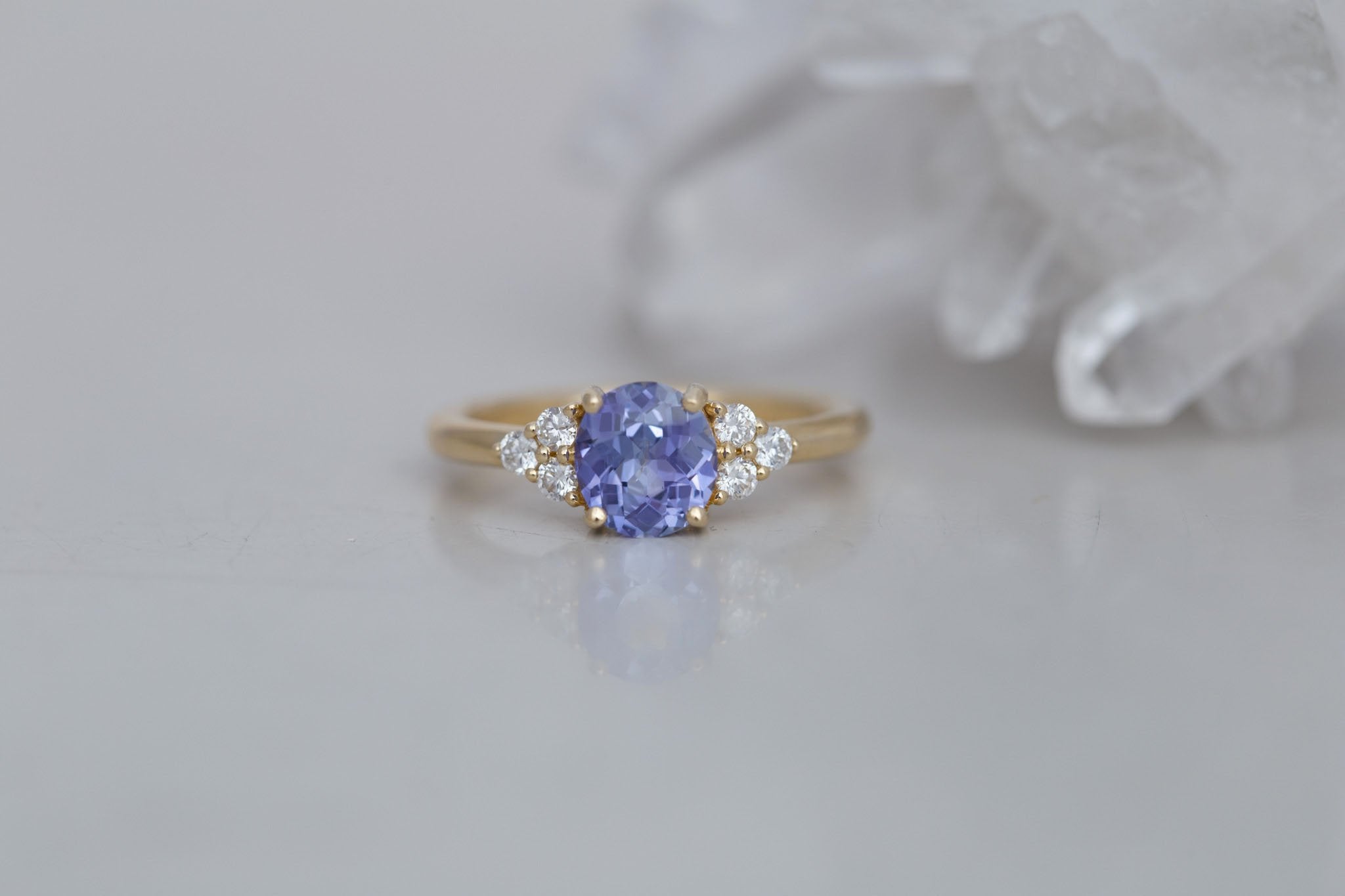 Verona Ring | Lavender Oval Sapphire + Round Diamond Accents Engagement Ring 1.30 ct | 14k Recycled Gold | One of a Kind