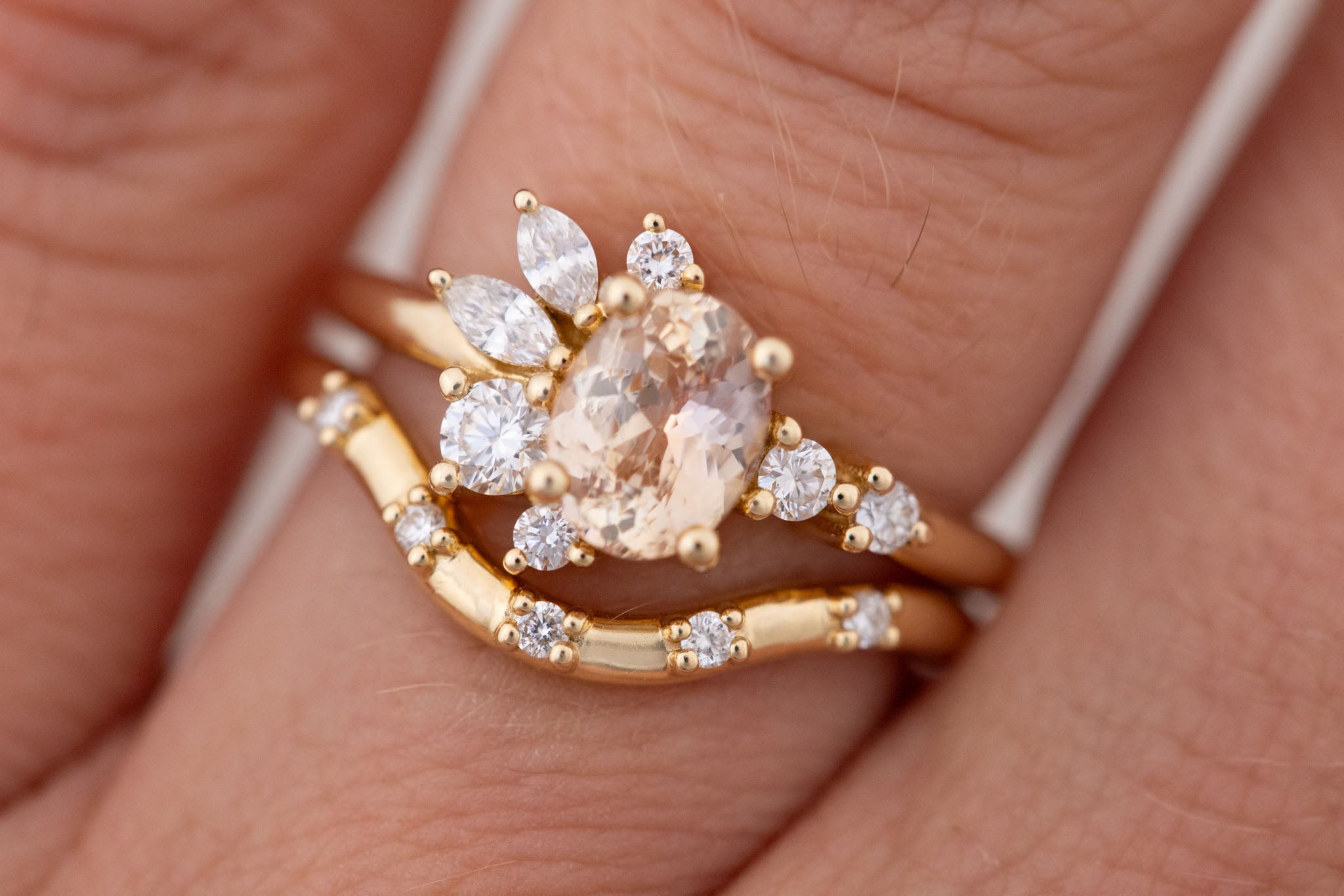 Ambretta Ring | Peach Oval Sapphire + Diamond Cluster Engagement Ring 1.30 ct | 14k Recycled Gold | One of a Kind