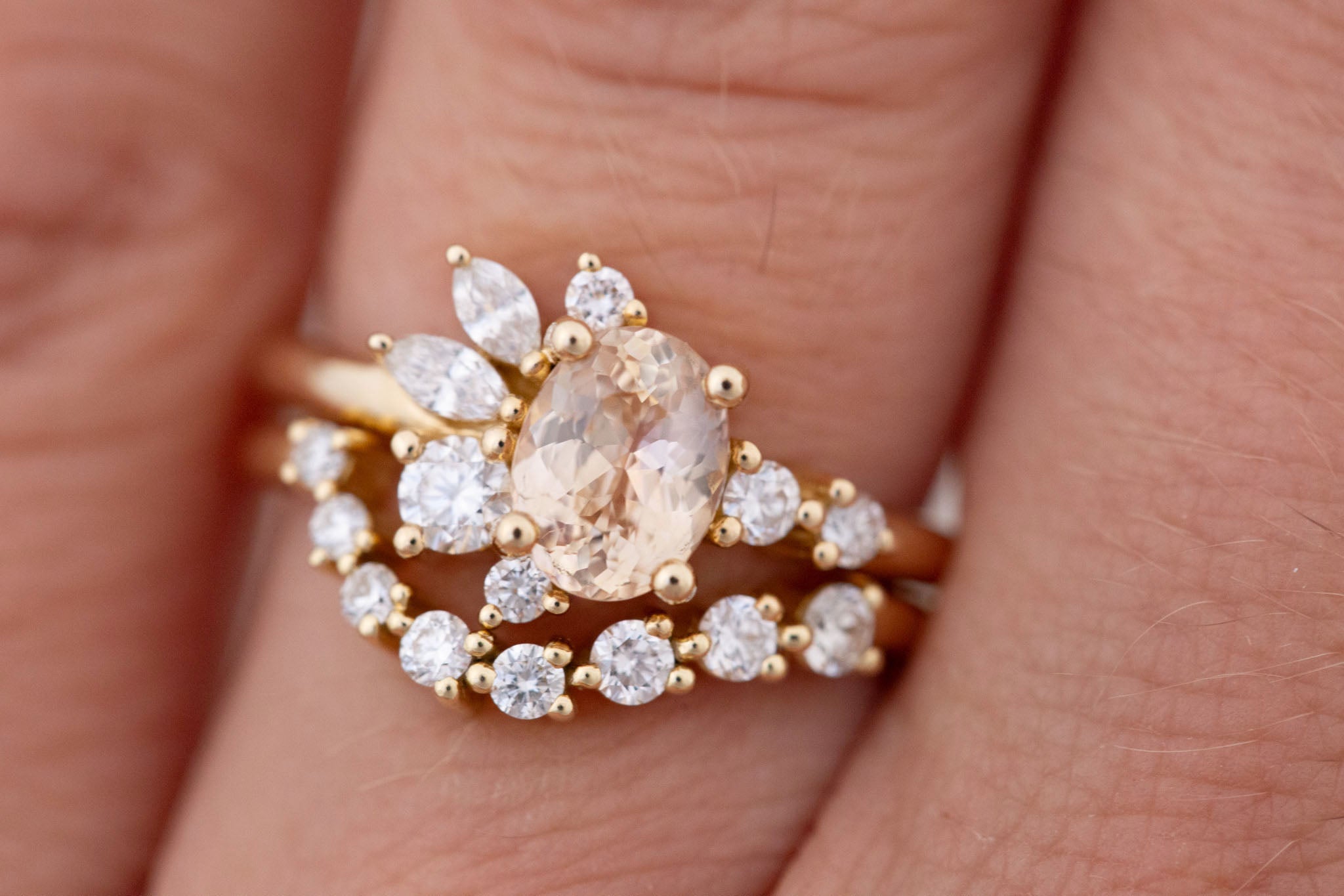 Ambretta Ring | Peach Oval Sapphire + Diamond Cluster Engagement Ring 1.30 ct | 14k Recycled Gold | One of a Kind