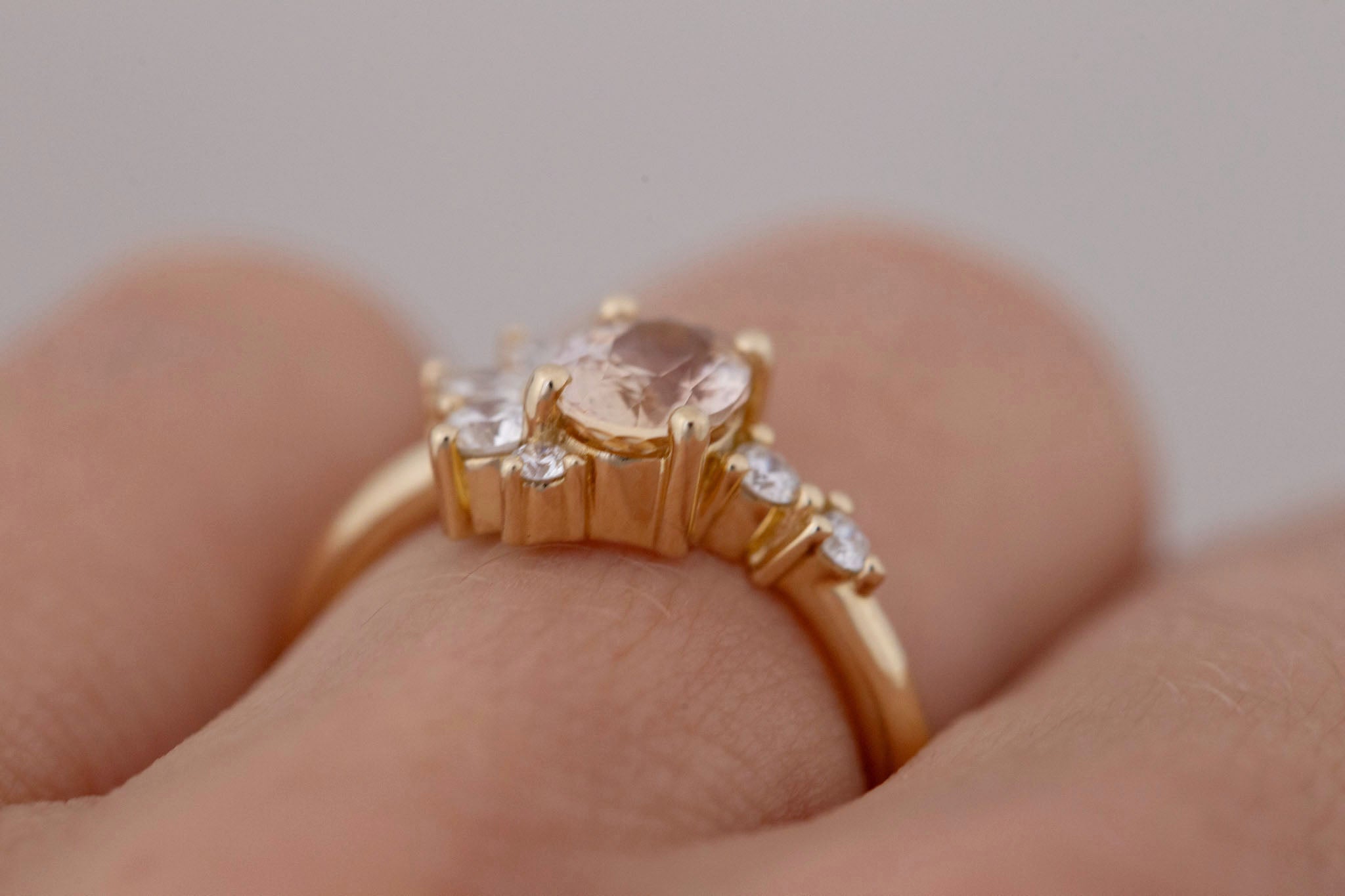 Ambretta Ring | Peach Oval Sapphire + Diamond Cluster Engagement Ring 1.30 ct | 14k Recycled Gold | One of a Kind