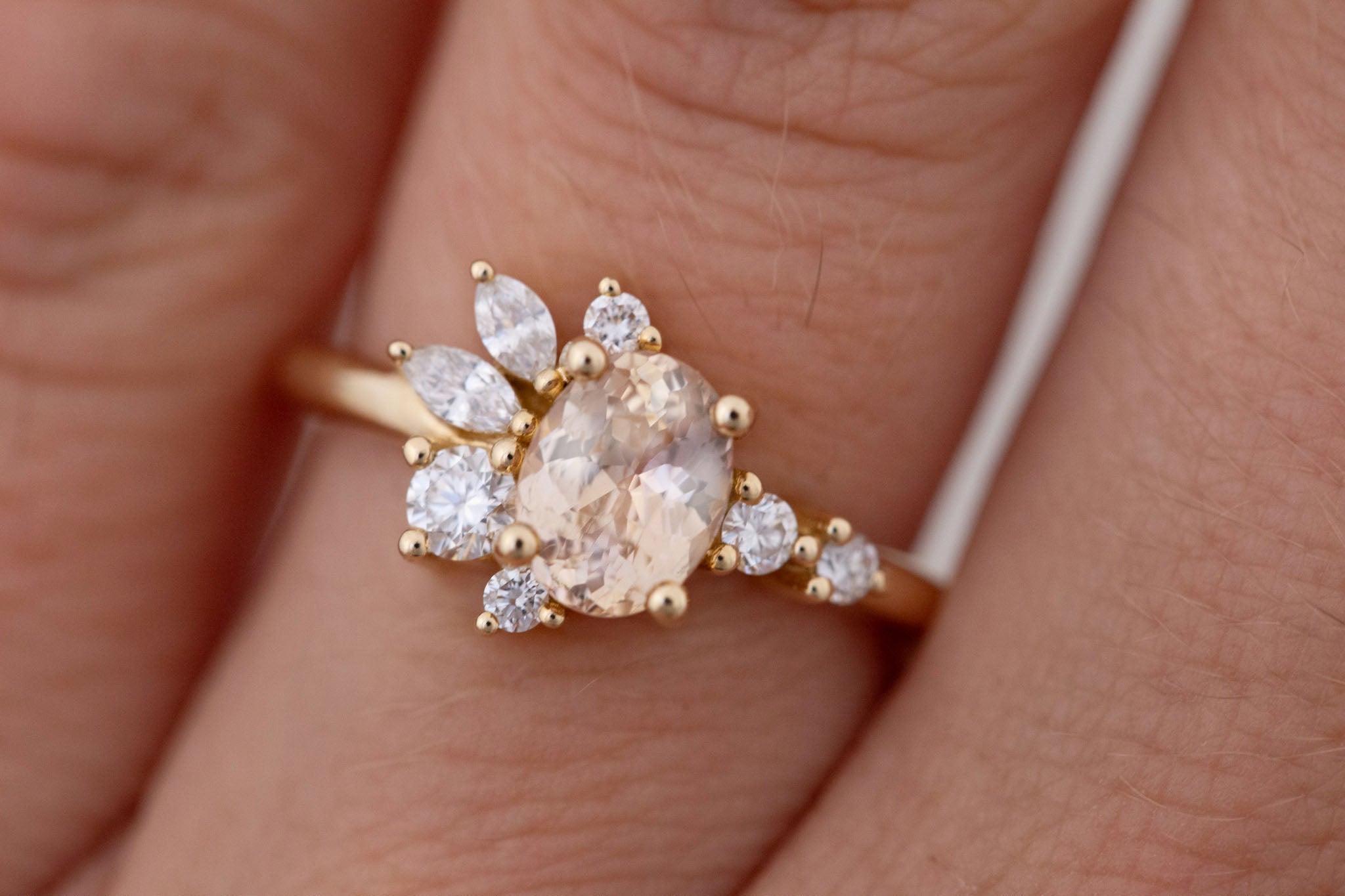 Ambretta Ring | Peach Oval Sapphire + Diamond Cluster Engagement Ring 1.30 ct | 14k Recycled Gold | One of a Kind