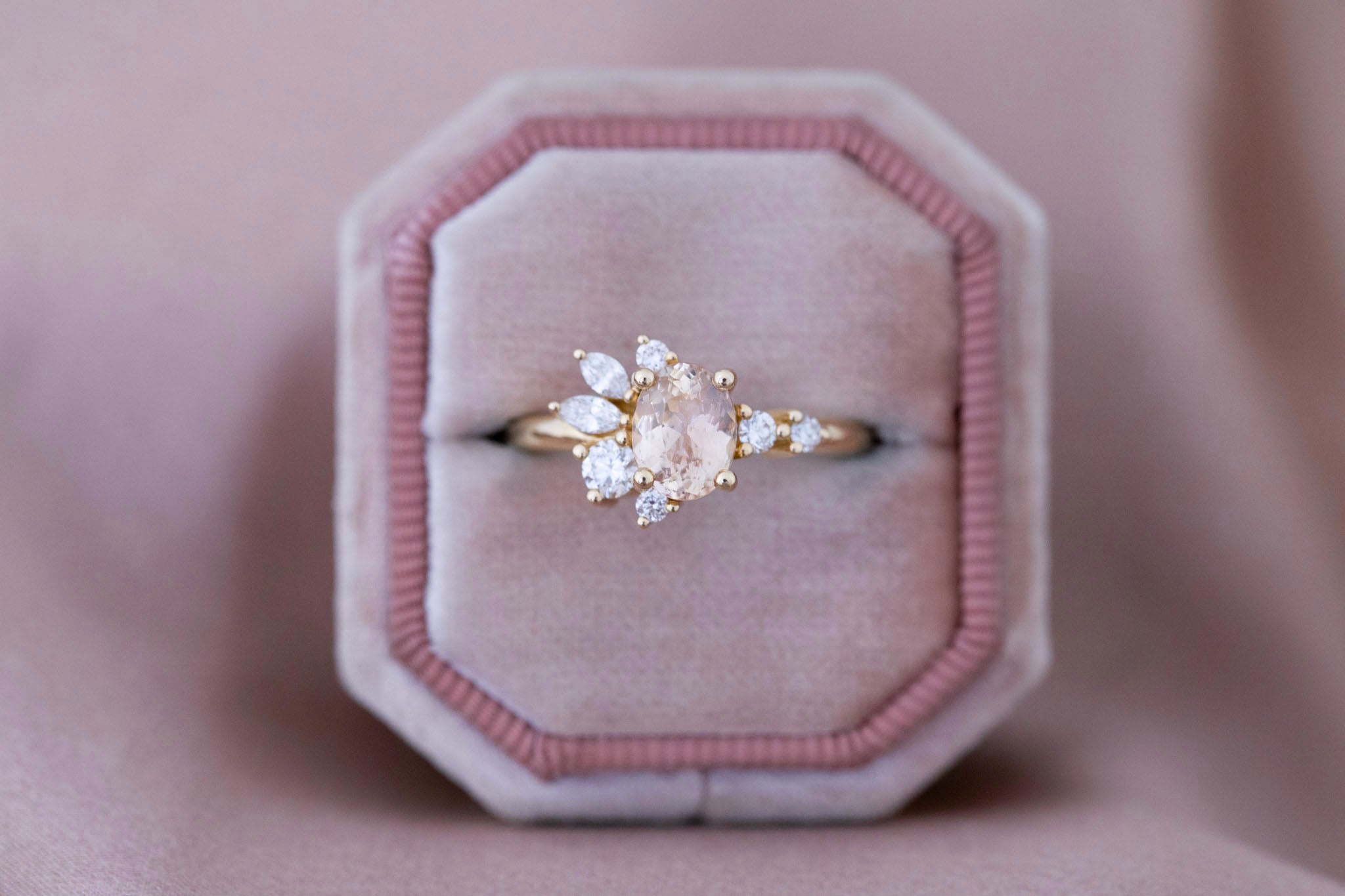 Ambretta Ring | Peach Oval Sapphire + Diamond Cluster Engagement Ring 1.30 ct | 14k Recycled Gold | One of a Kind