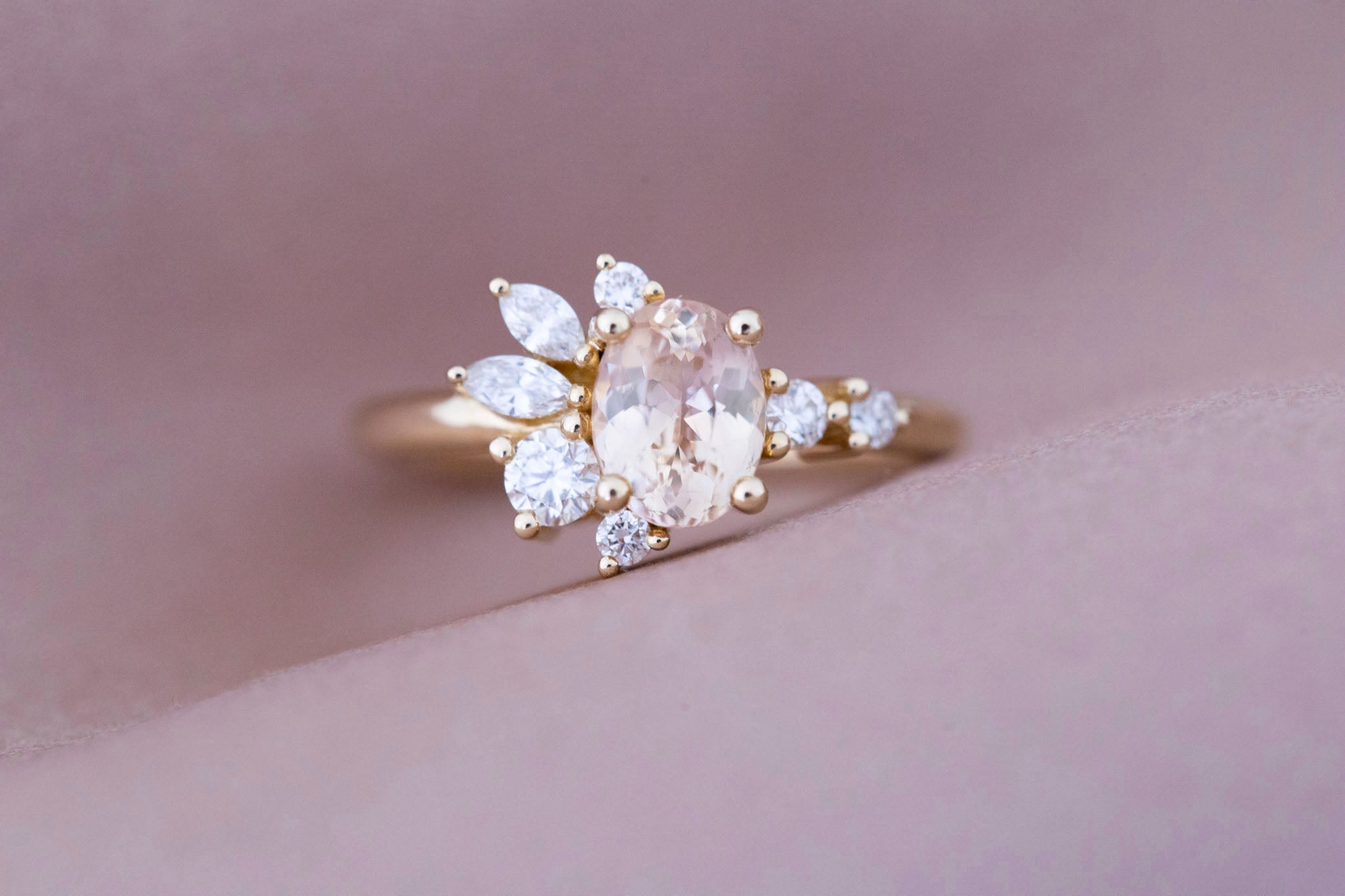 Ambretta Ring | Peach Oval Sapphire + Diamond Cluster Engagement Ring 1.30 ct | 14k Recycled Gold | One of a Kind