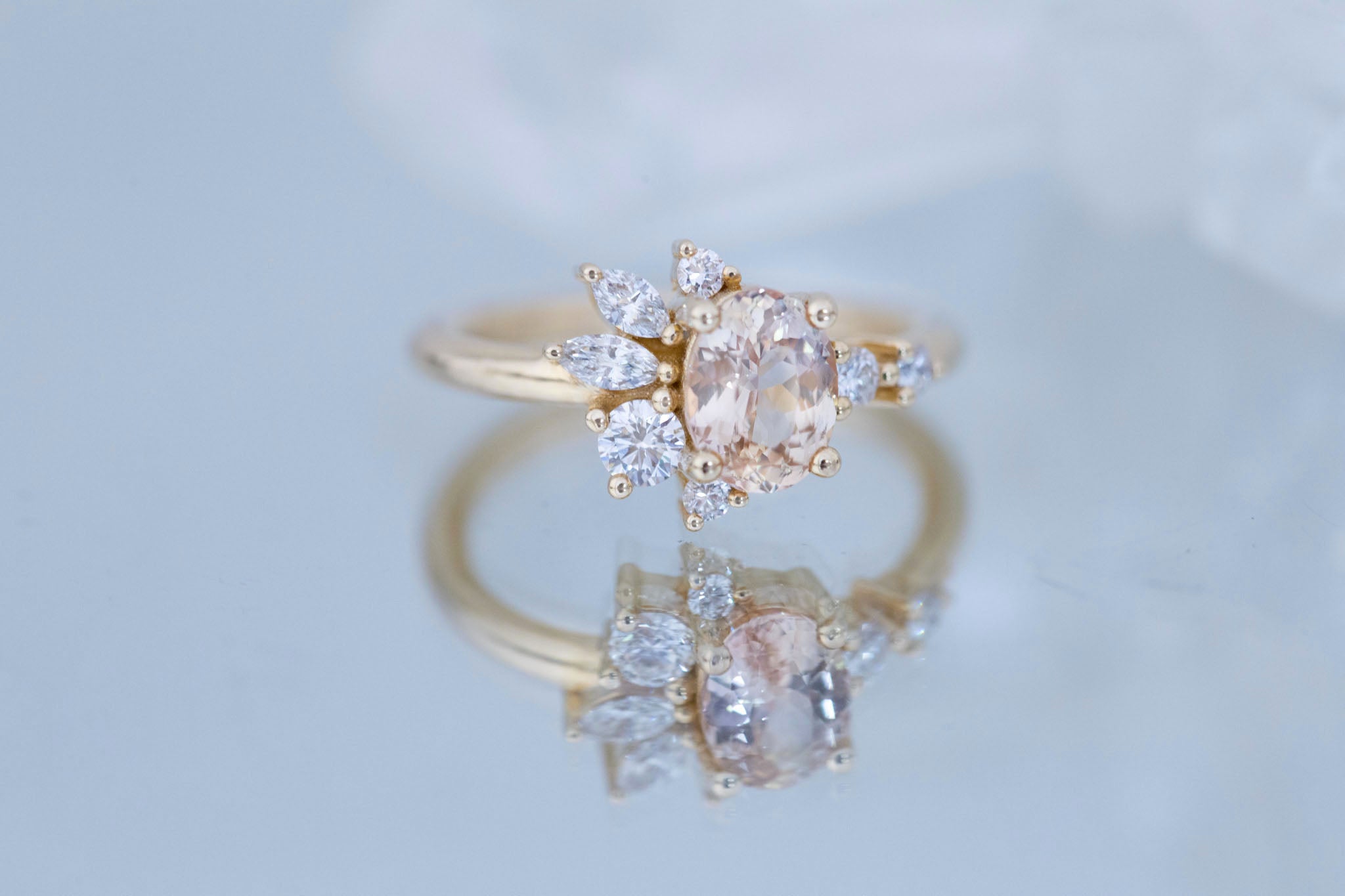 Ambretta Ring | Peach Oval Sapphire + Diamond Cluster Engagement Ring 1.30 ct | 14k Recycled Gold | One of a Kind