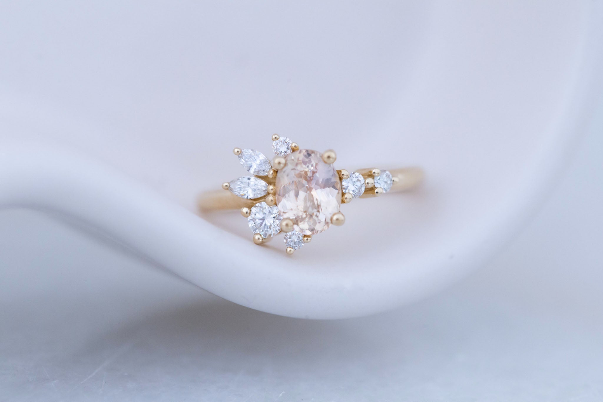 Ambretta Ring | Peach Oval Sapphire + Diamond Cluster Engagement Ring 1.30 ct | 14k Recycled Gold | One of a Kind