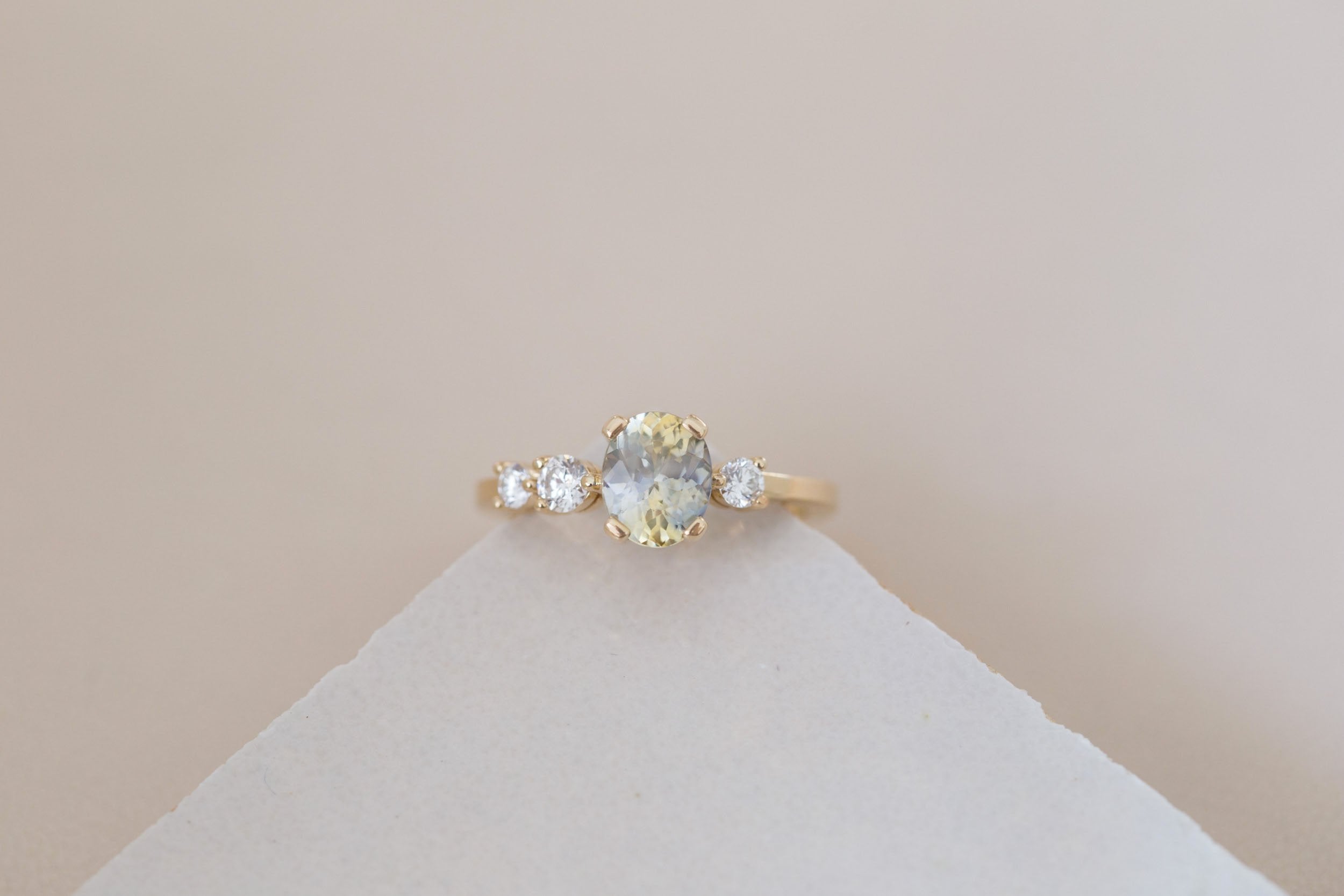 Cassia Ring | Bicolor Oval Sapphire + Diamond Asymmetrical Engagement Ring 1.32 ct | 14k Recycled Gold | One of a Kind