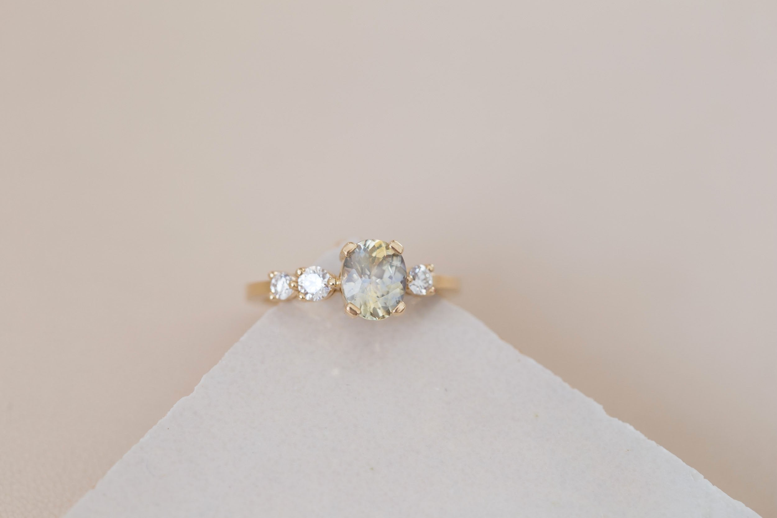 Cassia Ring | Bicolor Oval Sapphire + Diamond Asymmetrical Engagement Ring 1.32 ct | 14k Recycled Gold | One of a Kind