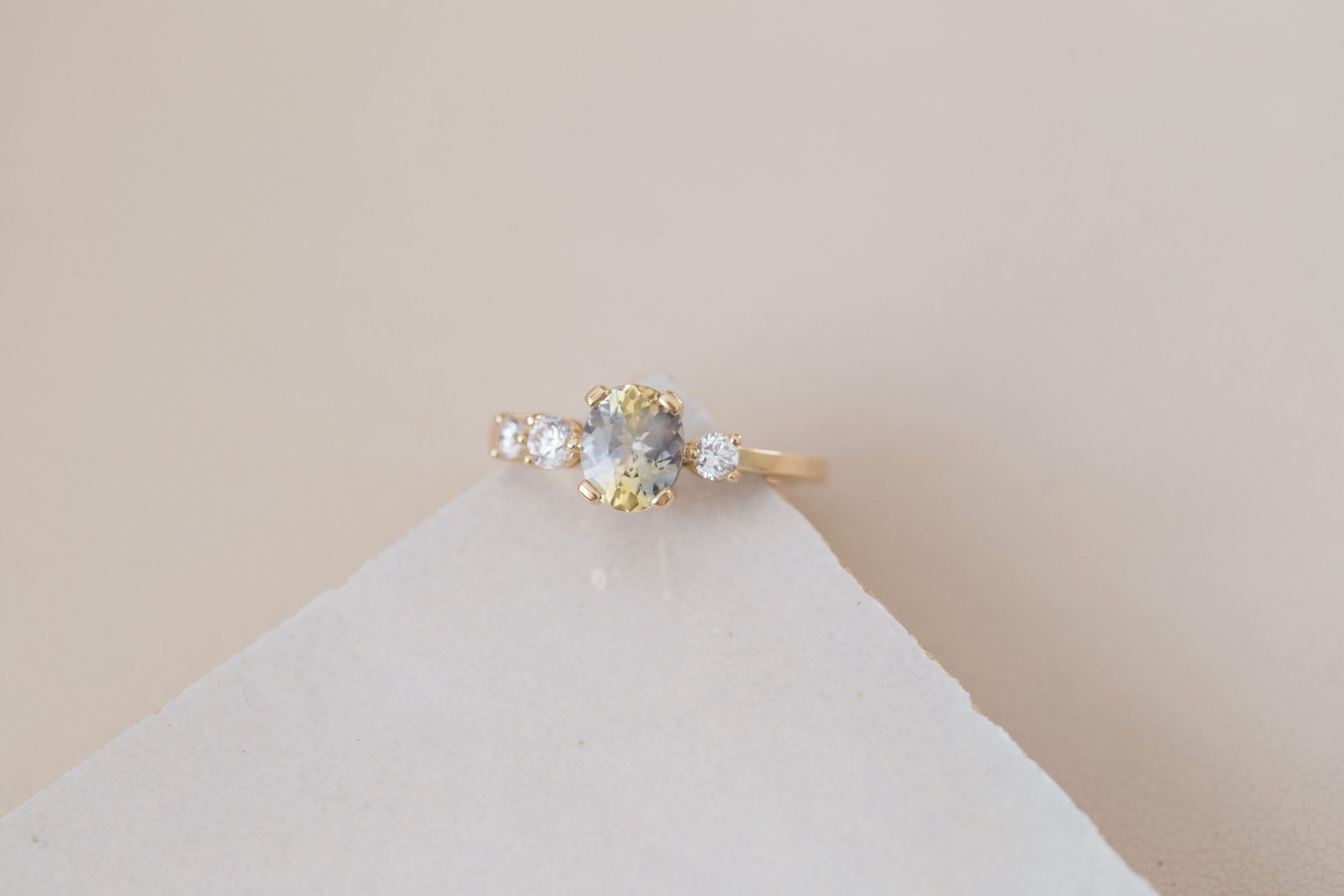 Cassia Ring | Bicolor Oval Sapphire + Diamond Asymmetrical Engagement Ring 1.32 ct | 14k Recycled Gold | One of a Kind