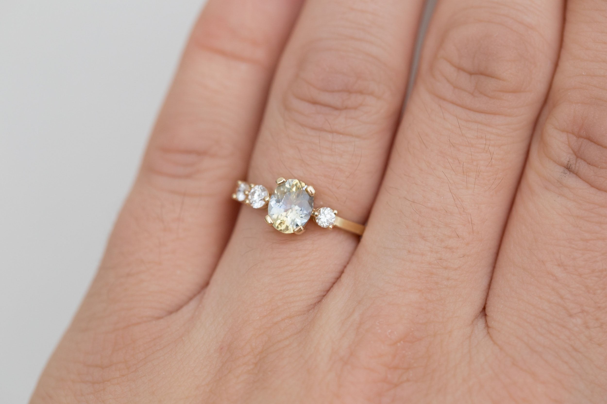 Cassia Ring | Bicolor Oval Sapphire + Diamond Asymmetrical Engagement Ring 1.32 ct | 14k Recycled Gold | One of a Kind