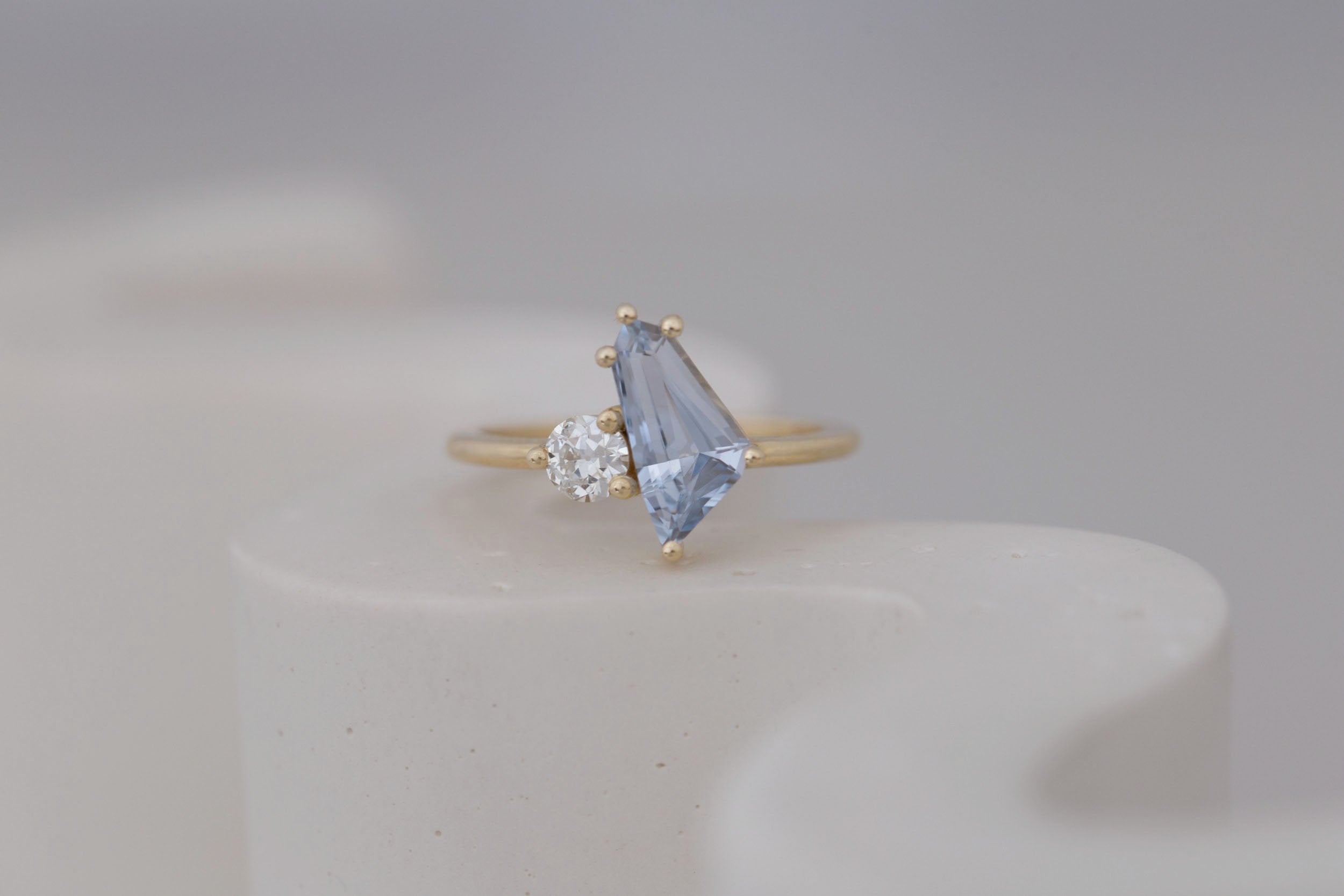 Liana Ring | Blue Geometric Step Cut Sapphire + Round Diamond Engagement Ring 1.33 ct | 14k Recycled Gold | One of a Kind