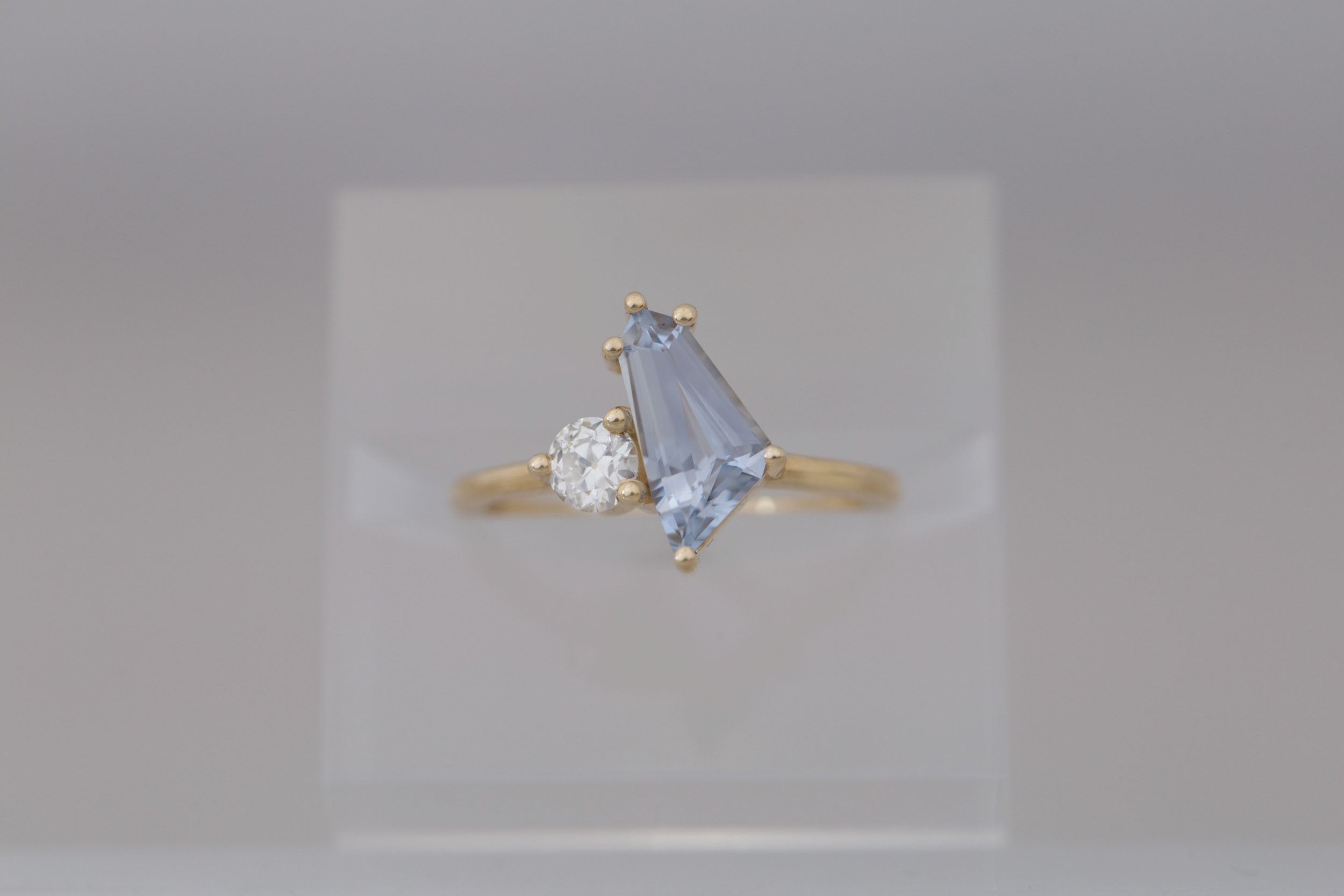 Liana Ring | Blue Geometric Step Cut Sapphire + Round Diamond Engagement Ring 1.33 ct | 14k Recycled Gold | One of a Kind