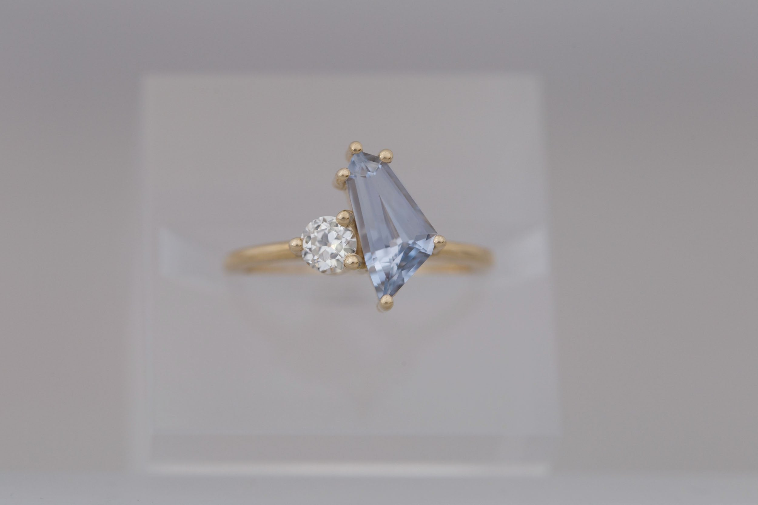 Liana Ring | Blue Geometric Step Cut Sapphire + Round Diamond Engagement Ring 1.33 ct | 14k Recycled Gold | One of a Kind