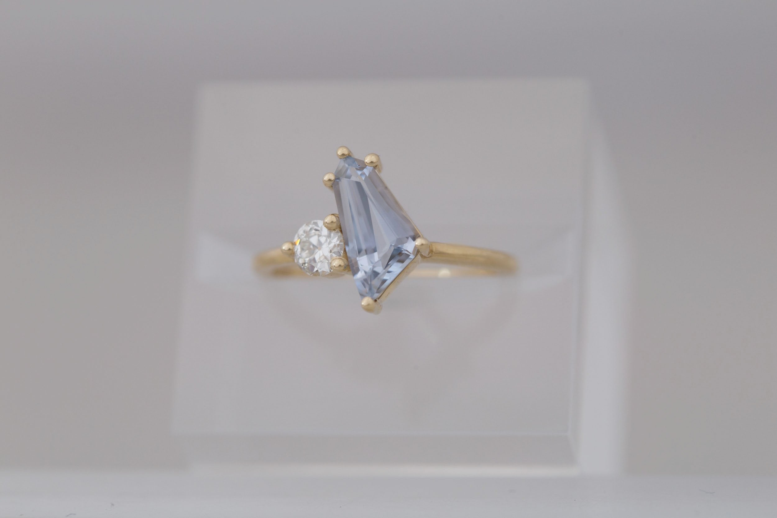 Liana Ring | Blue Geometric Step Cut Sapphire + Round Diamond Engagement Ring 1.33 ct | 14k Recycled Gold | One of a Kind