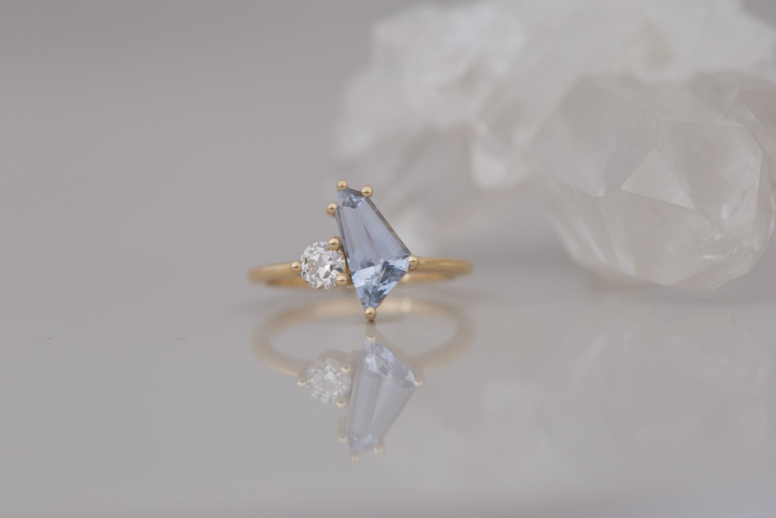 Liana Ring | Blue Geometric Step Cut Sapphire + Round Diamond Engagement Ring 1.33 ct | 14k Recycled Gold | One of a Kind