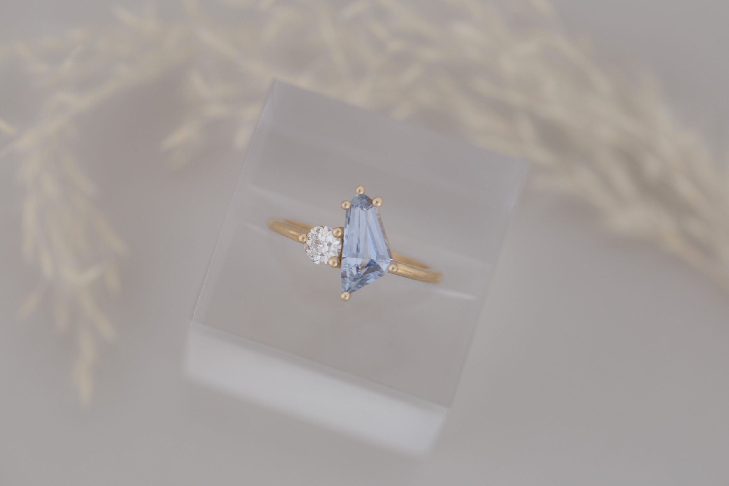 Liana Ring | Blue Geometric Step Cut Sapphire + Round Diamond Engagement Ring 1.33 ct | 14k Recycled Gold | One of a Kind