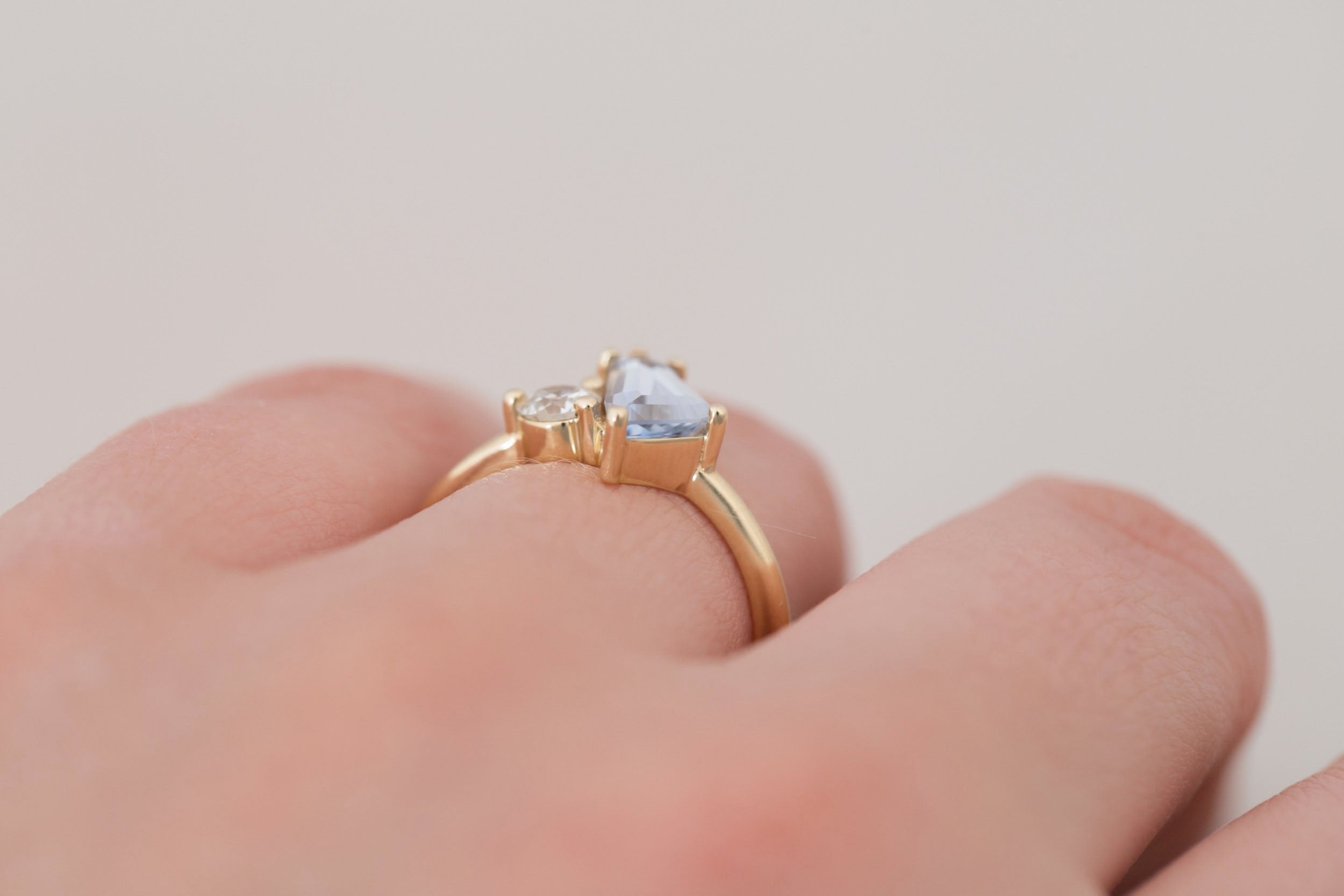 Liana Ring | Blue Geometric Step Cut Sapphire + Round Diamond Engagement Ring 1.33 ct | 14k Recycled Gold | One of a Kind