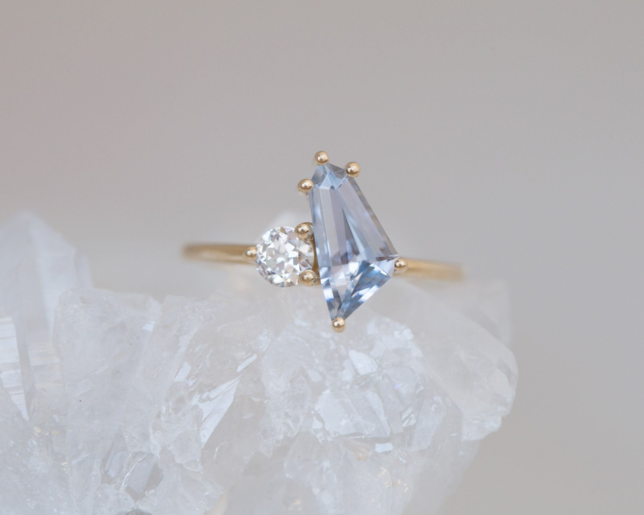 Liana Ring | Blue Geometric Step Cut Sapphire + Round Diamond Engagement Ring 1.33 ct | 14k Recycled Gold | One of a Kind