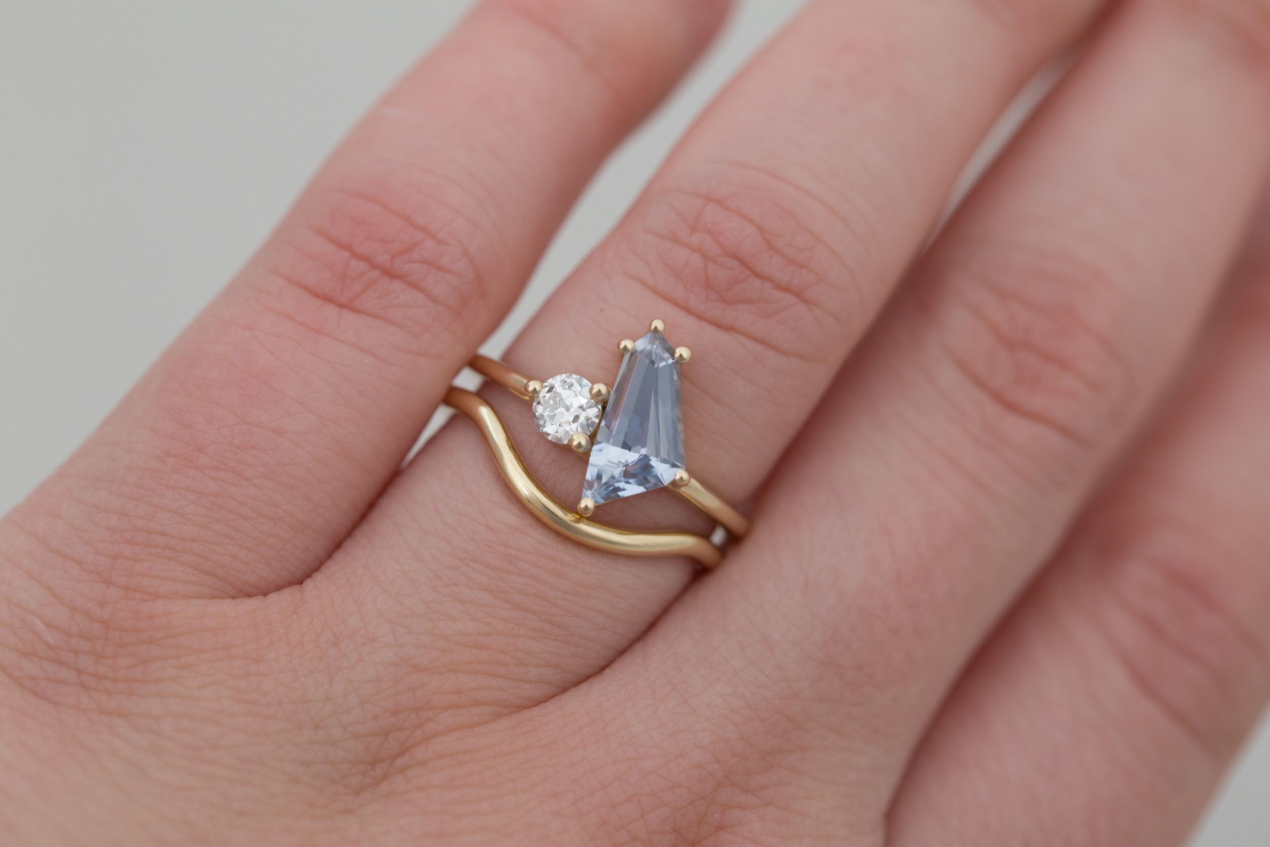 Liana Ring | Blue Geometric Step Cut Sapphire + Round Diamond Engagement Ring 1.33 ct | 14k Recycled Gold | One of a Kind