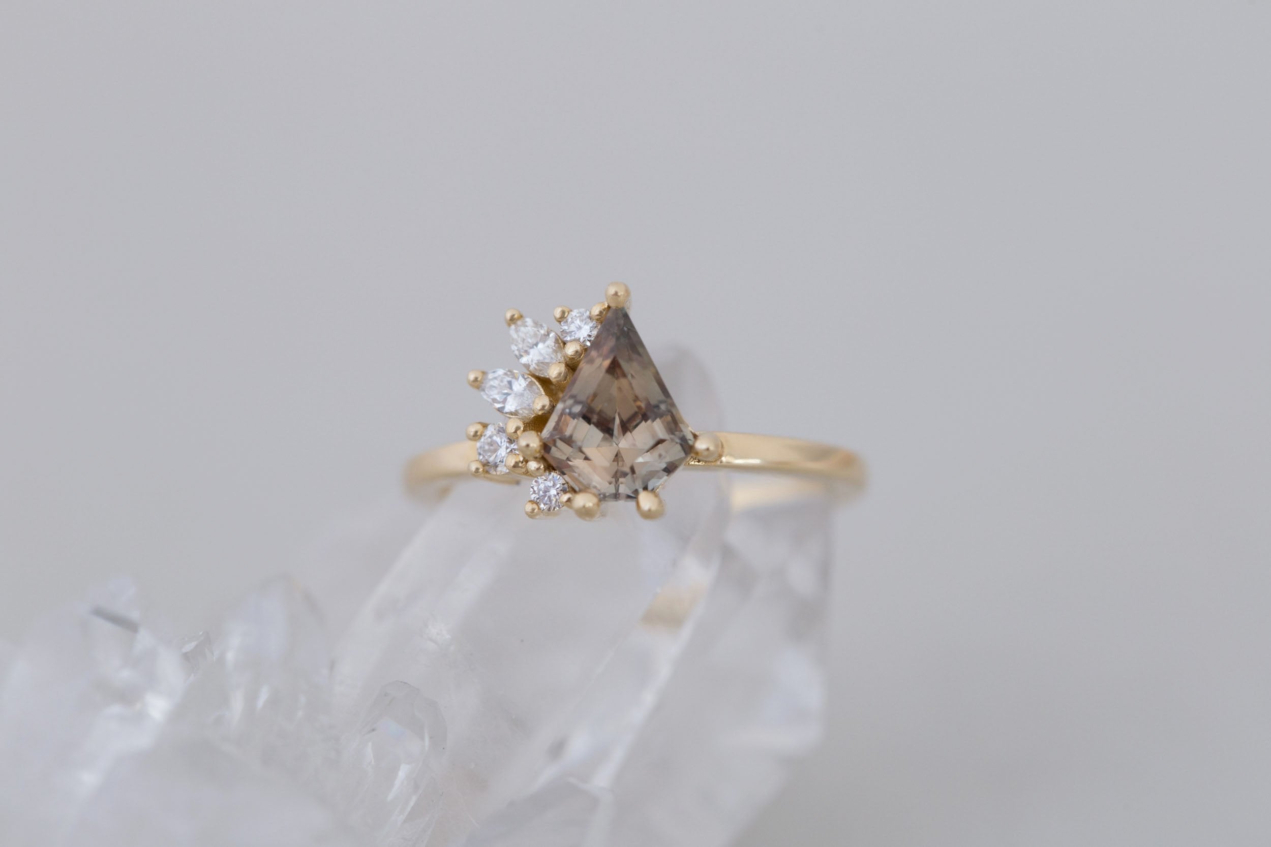Dahlia Ring | Brown Shield Cut Sapphire + Diamond Cluster Engagement Ring 1.34 ct | 14k Recycled Gold | One of a Kind