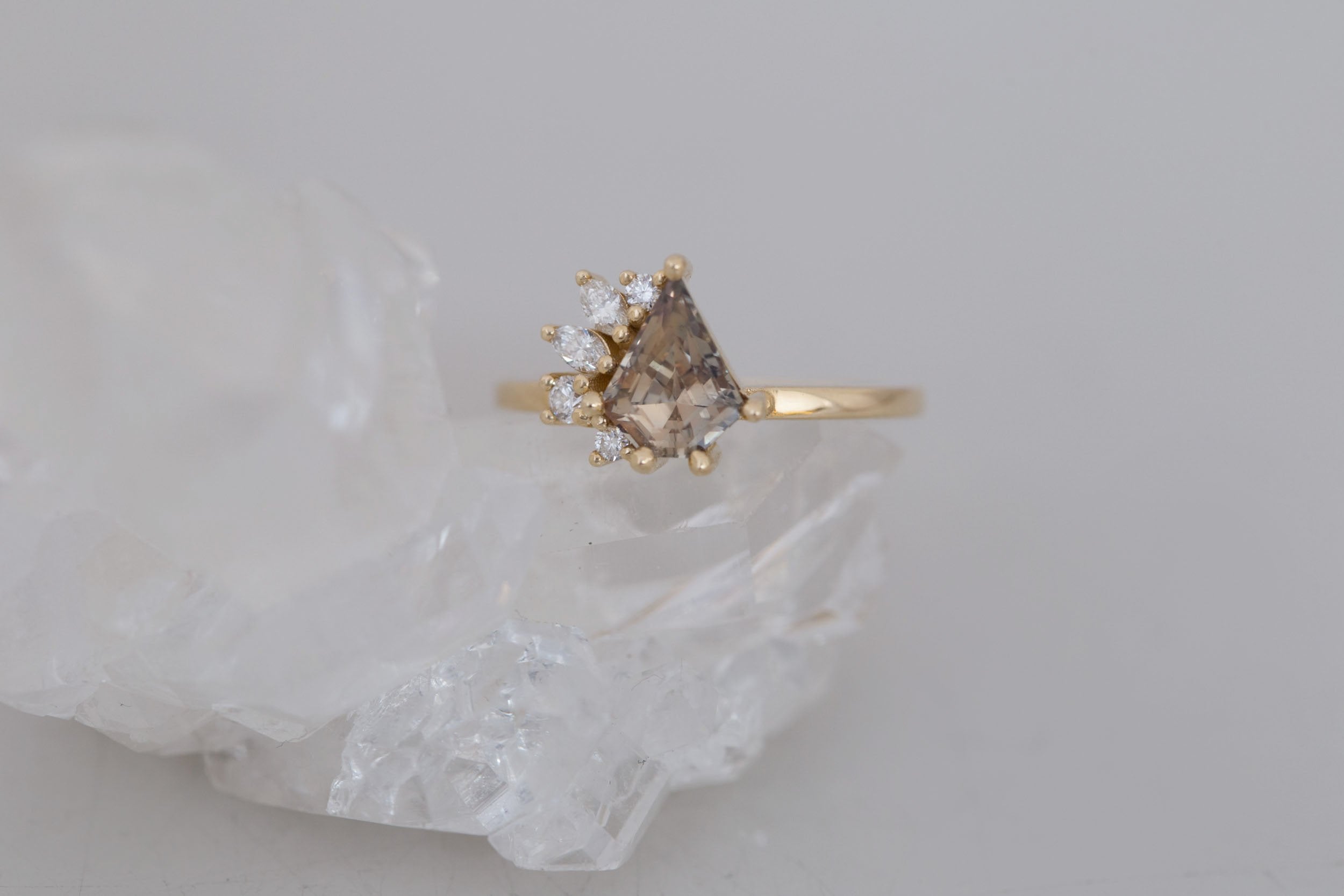 Dahlia Ring | Brown Shield Cut Sapphire + Diamond Cluster Engagement Ring 1.34 ct | 14k Recycled Gold | One of a Kind