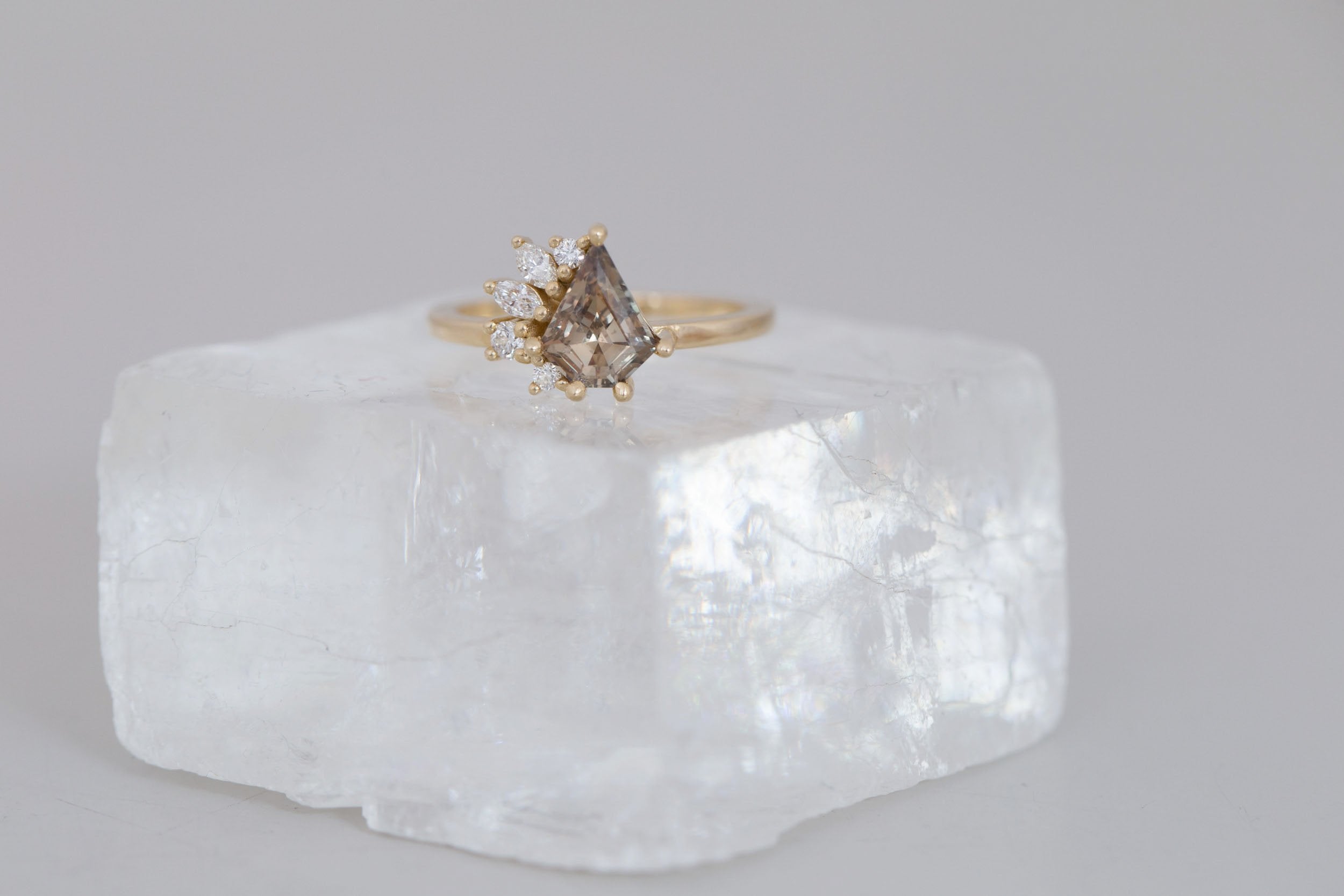 Dahlia Ring | Brown Shield Cut Sapphire + Diamond Cluster Engagement Ring 1.34 ct | 14k Recycled Gold | One of a Kind