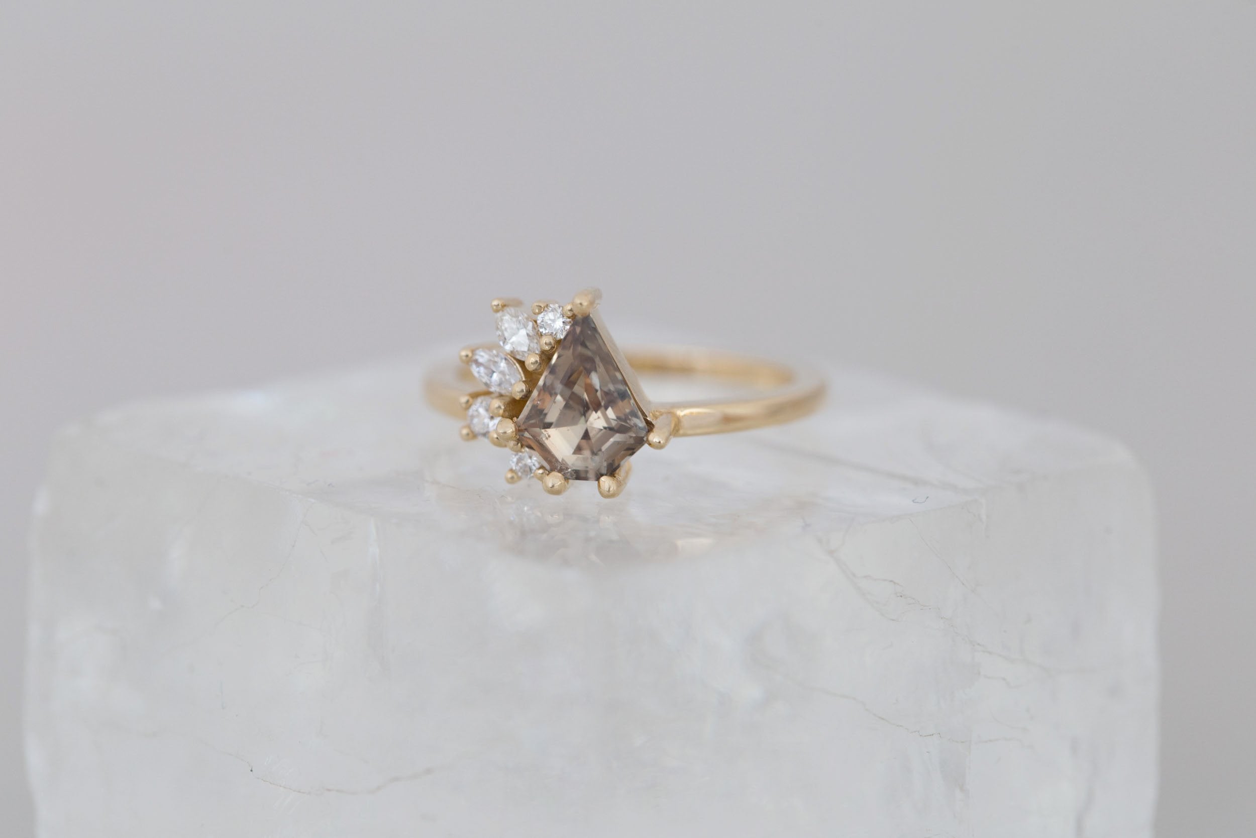 Dahlia Ring | Brown Shield Cut Sapphire + Diamond Cluster Engagement Ring 1.34 ct | 14k Recycled Gold | One of a Kind