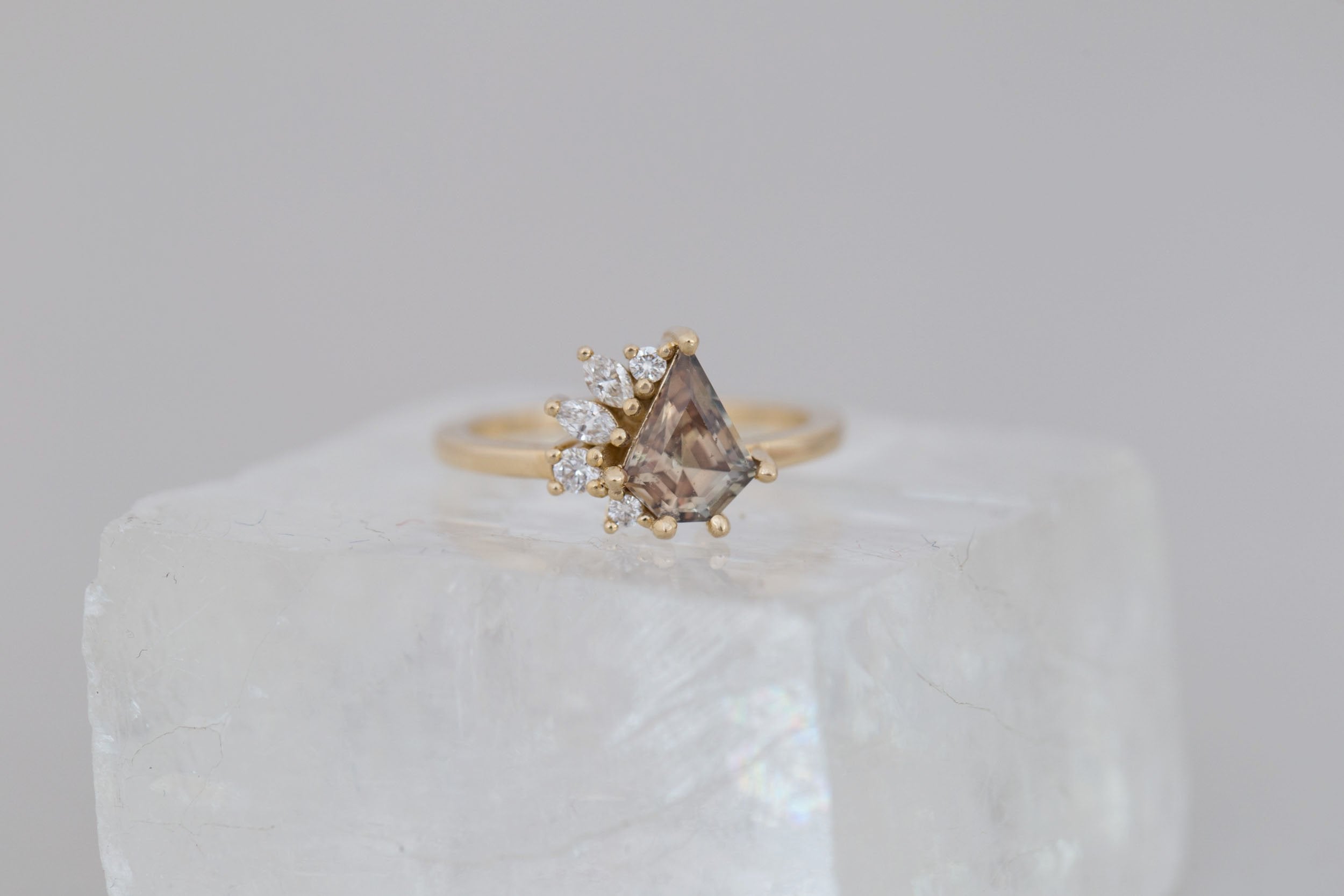 Dahlia Ring | Brown Shield Cut Sapphire + Diamond Cluster Engagement Ring 1.34 ct | 14k Recycled Gold | One of a Kind