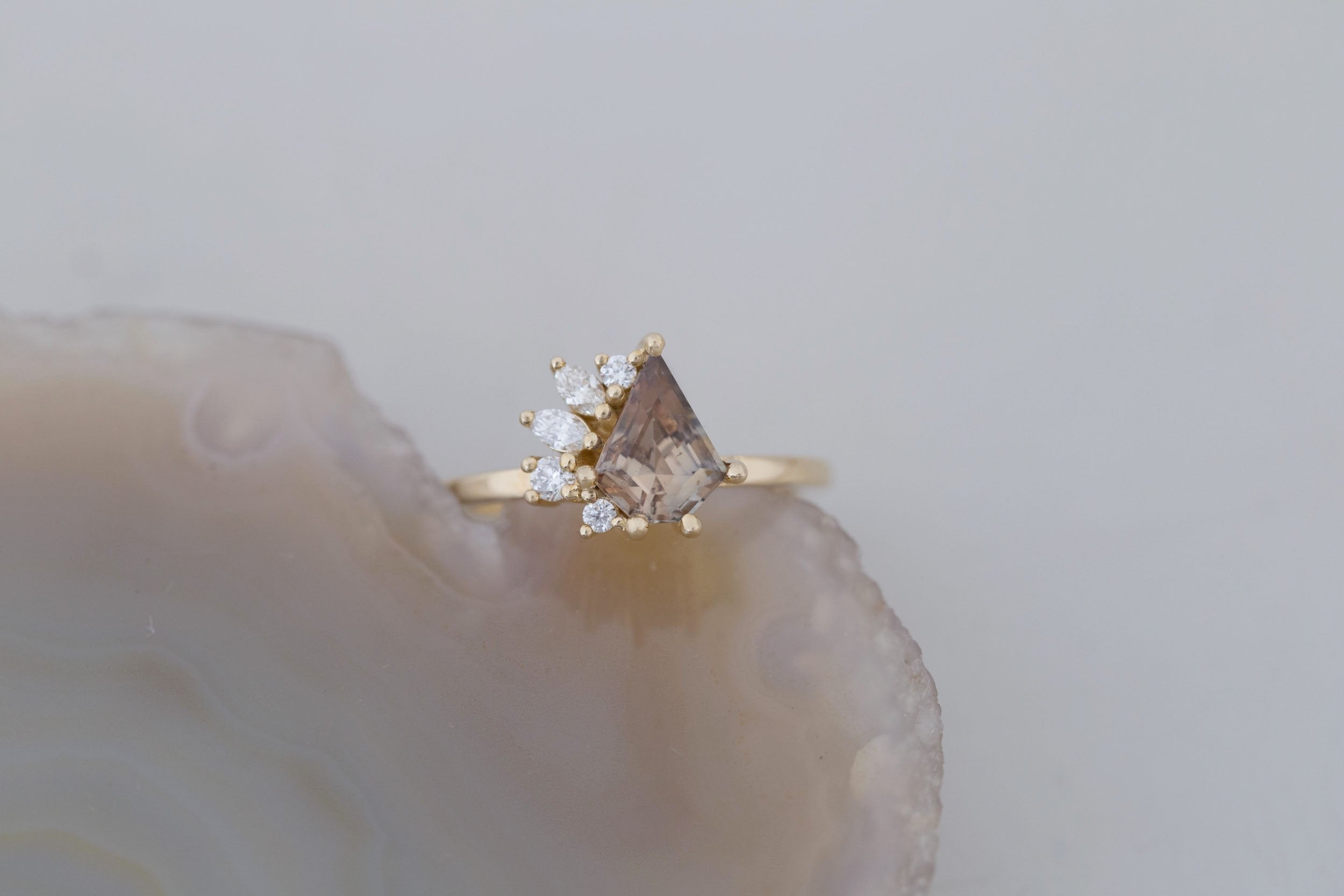 Dahlia Ring | Brown Shield Cut Sapphire + Diamond Cluster Engagement Ring 1.34 ct | 14k Recycled Gold | One of a Kind