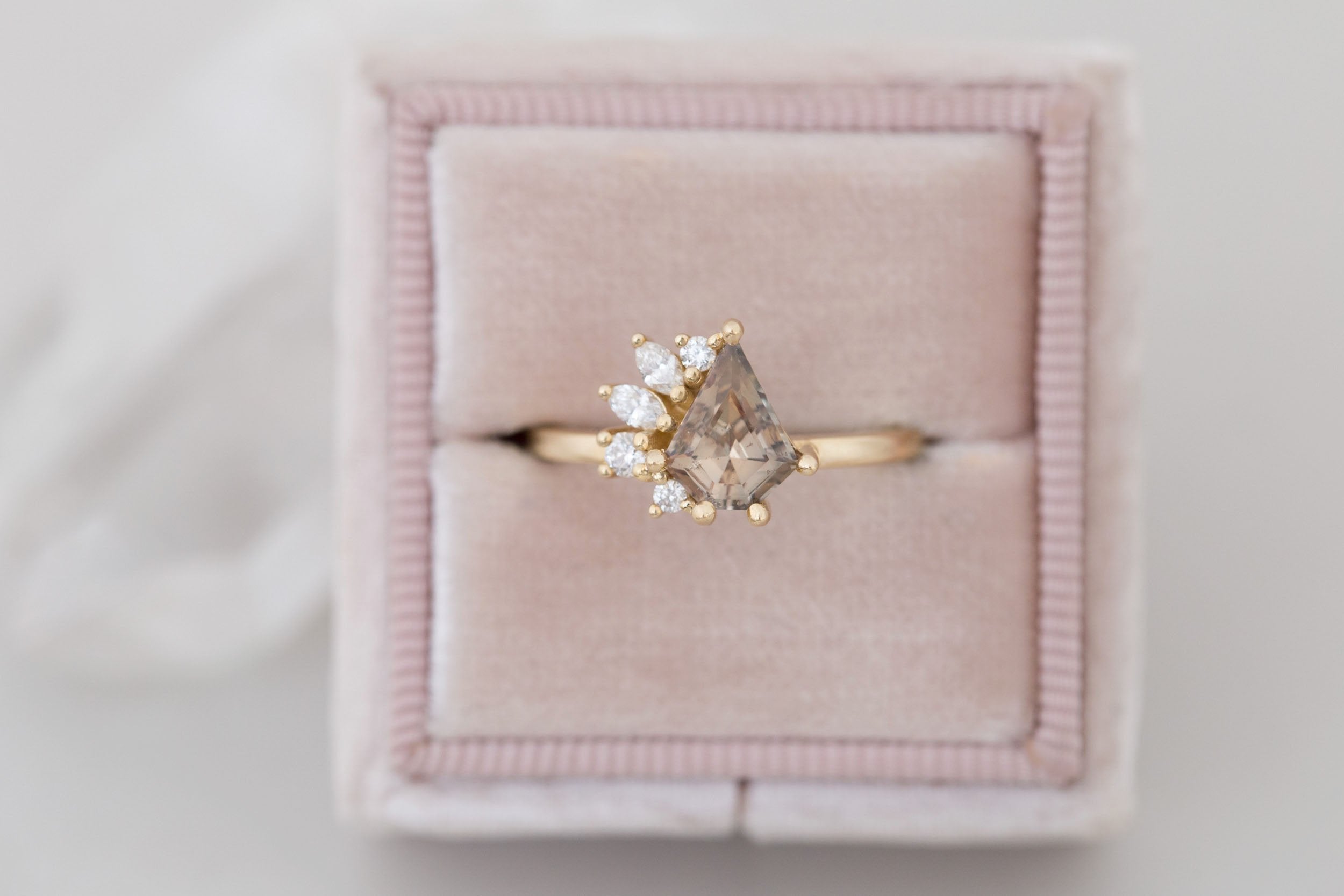 Dahlia Ring | Brown Shield Cut Sapphire + Diamond Cluster Engagement Ring 1.34 ct | 14k Recycled Gold | One of a Kind