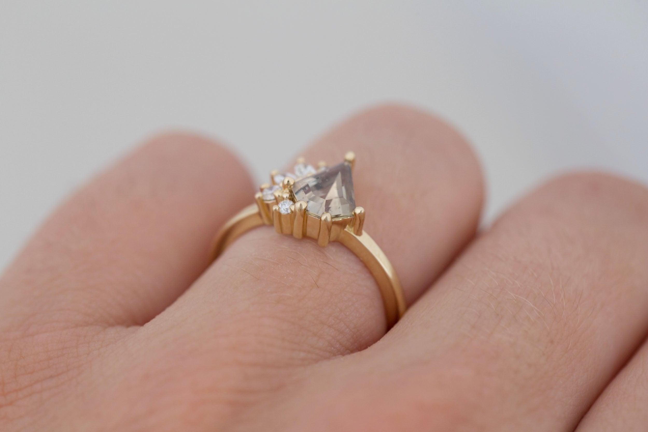 Dahlia Ring | Brown Shield Cut Sapphire + Diamond Cluster Engagement Ring 1.34 ct | 14k Recycled Gold | One of a Kind