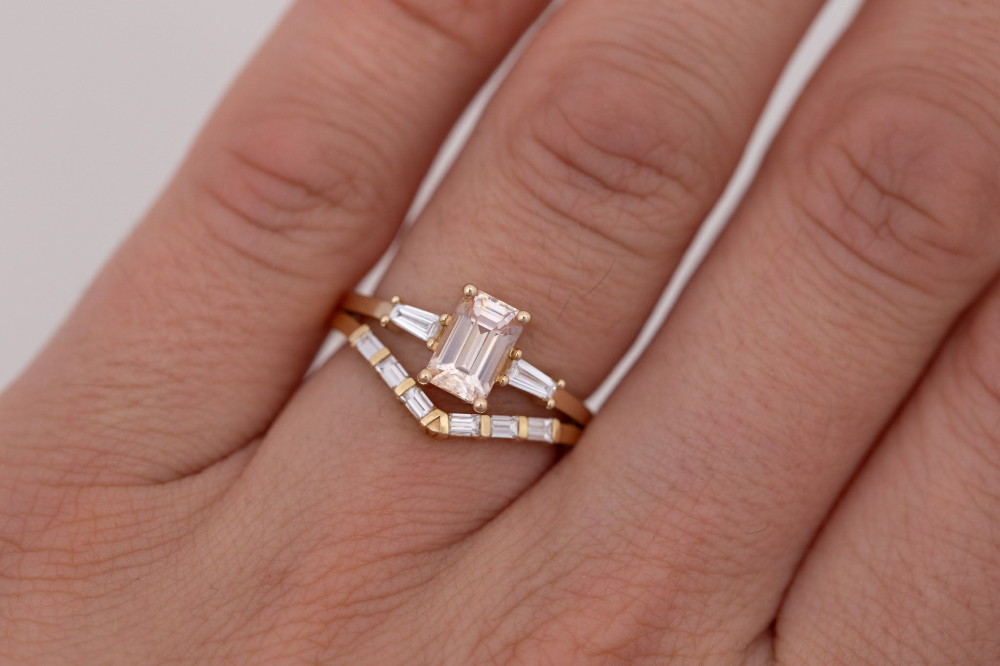 Marlowe Ring | Peach Emerald Cut Sapphire + Tapered Baguette Engagement Ring 1.34 ct | 14k Recycled Gold | One of a Kind