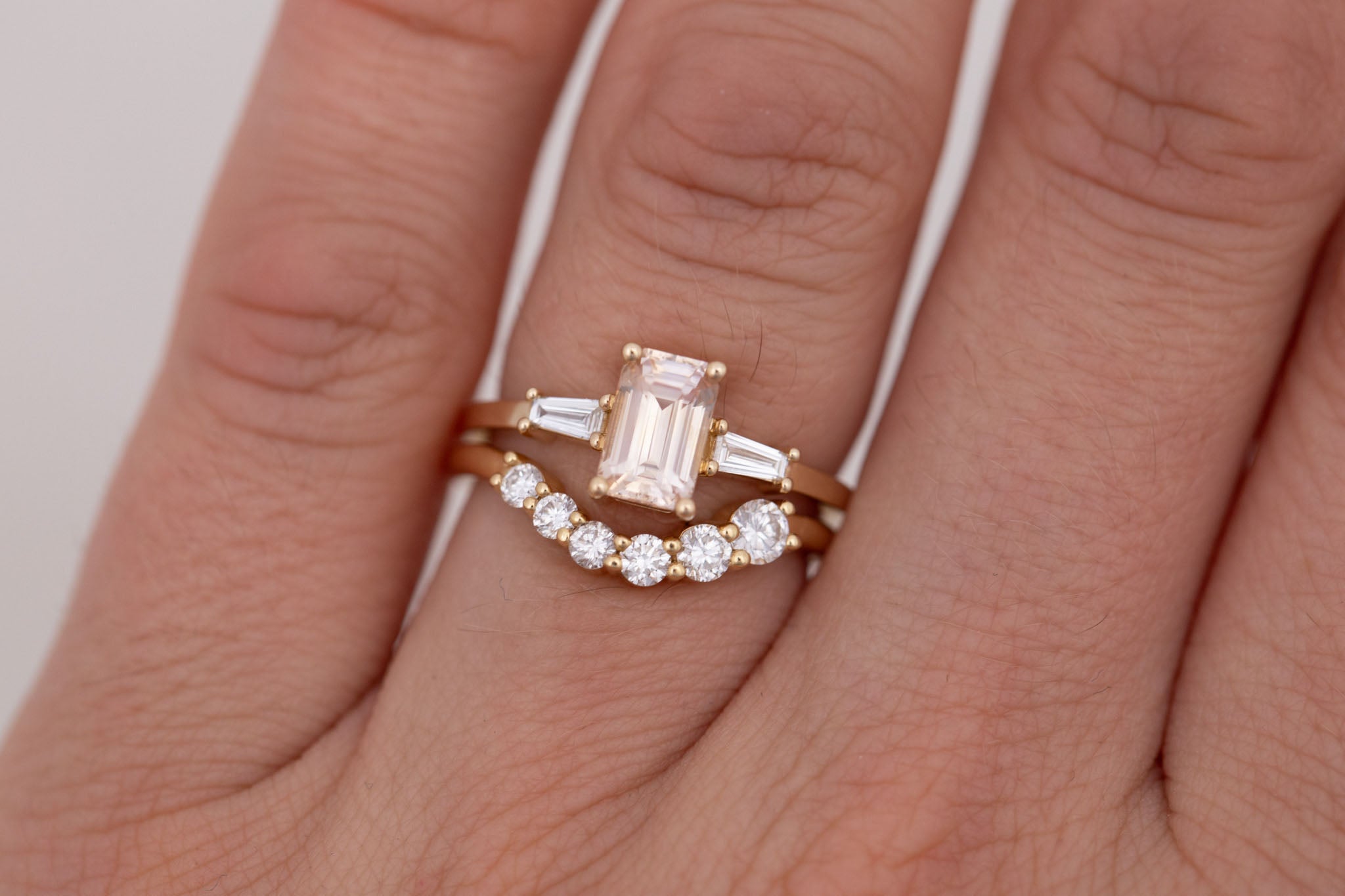 Marlowe Ring | Peach Emerald Cut Sapphire + Tapered Baguette Engagement Ring 1.34 ct | 14k Recycled Gold | One of a Kind