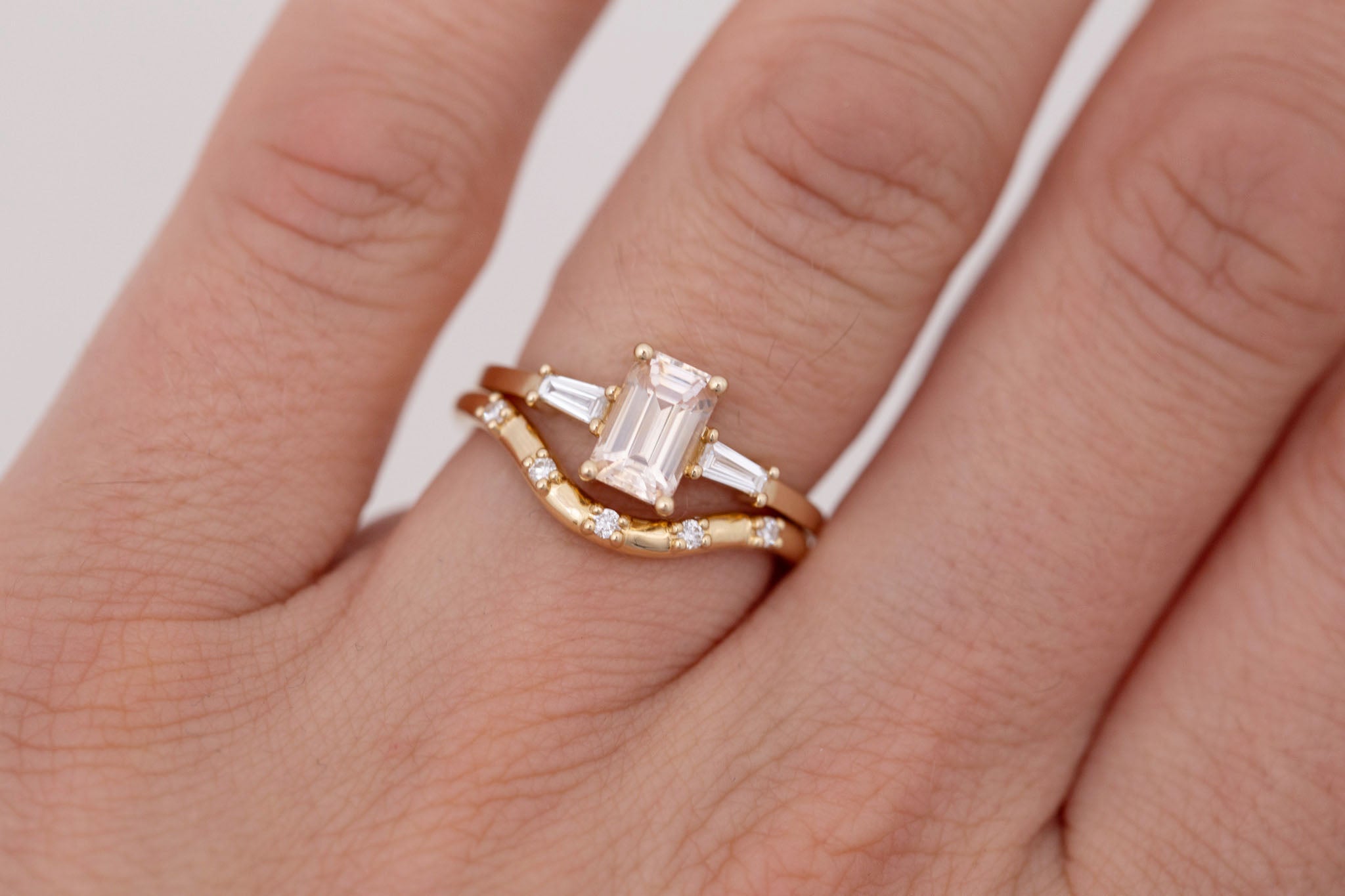 Marlowe Ring | Peach Emerald Cut Sapphire + Tapered Baguette Engagement Ring 1.34 ct | 14k Recycled Gold | One of a Kind