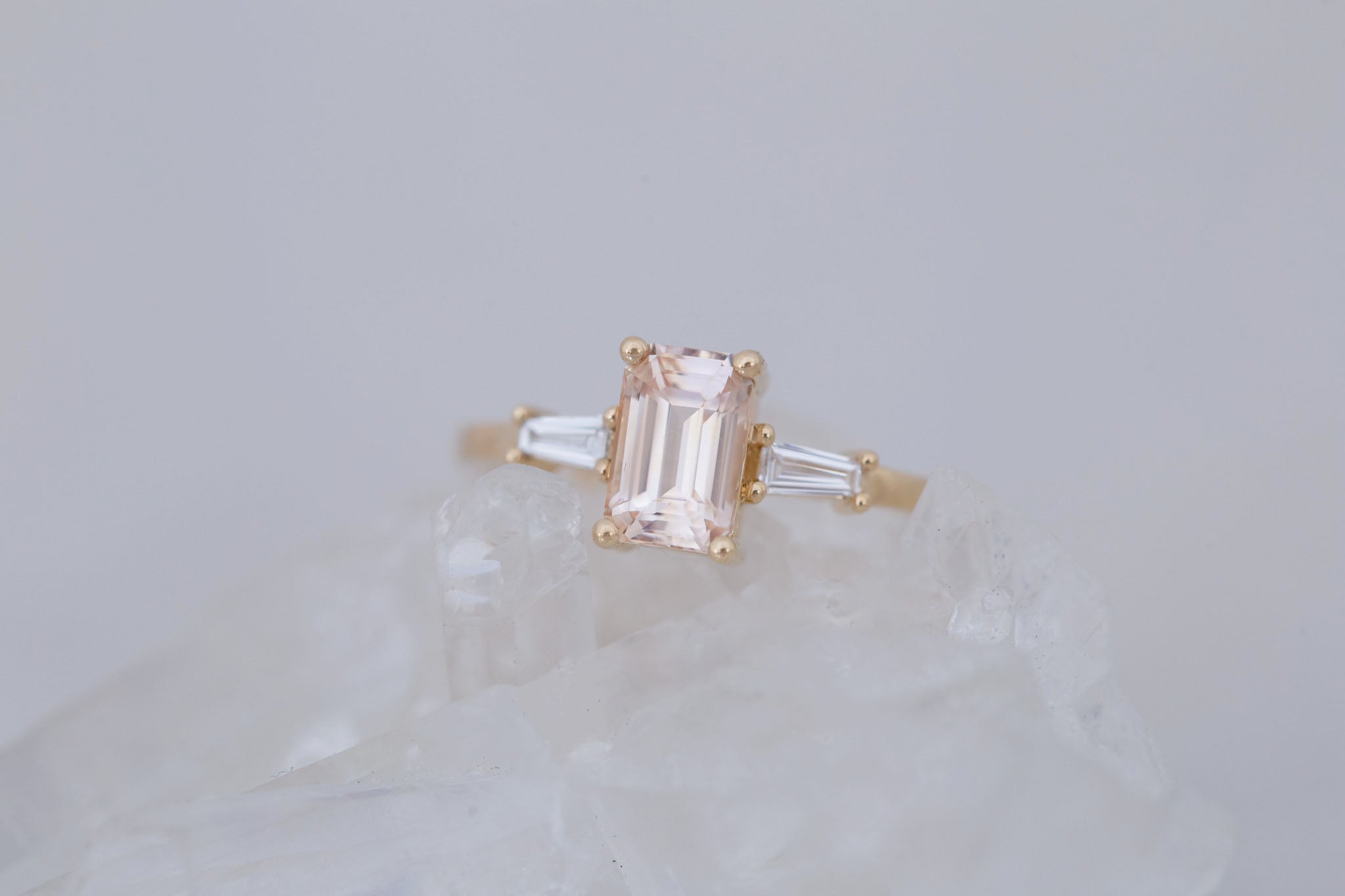 Marlowe Ring | Peach Emerald Cut Sapphire + Tapered Baguette Engagement Ring 1.34 ct | 14k Recycled Gold | One of a Kind