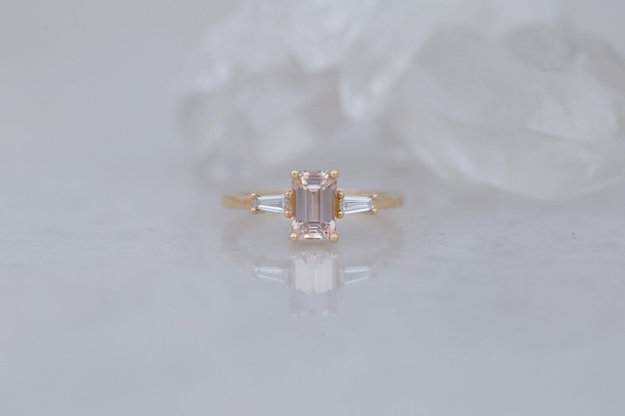 Marlowe Ring | Peach Emerald Cut Sapphire + Tapered Baguette Engagement Ring 1.34 ct | 14k Recycled Gold | One of a Kind