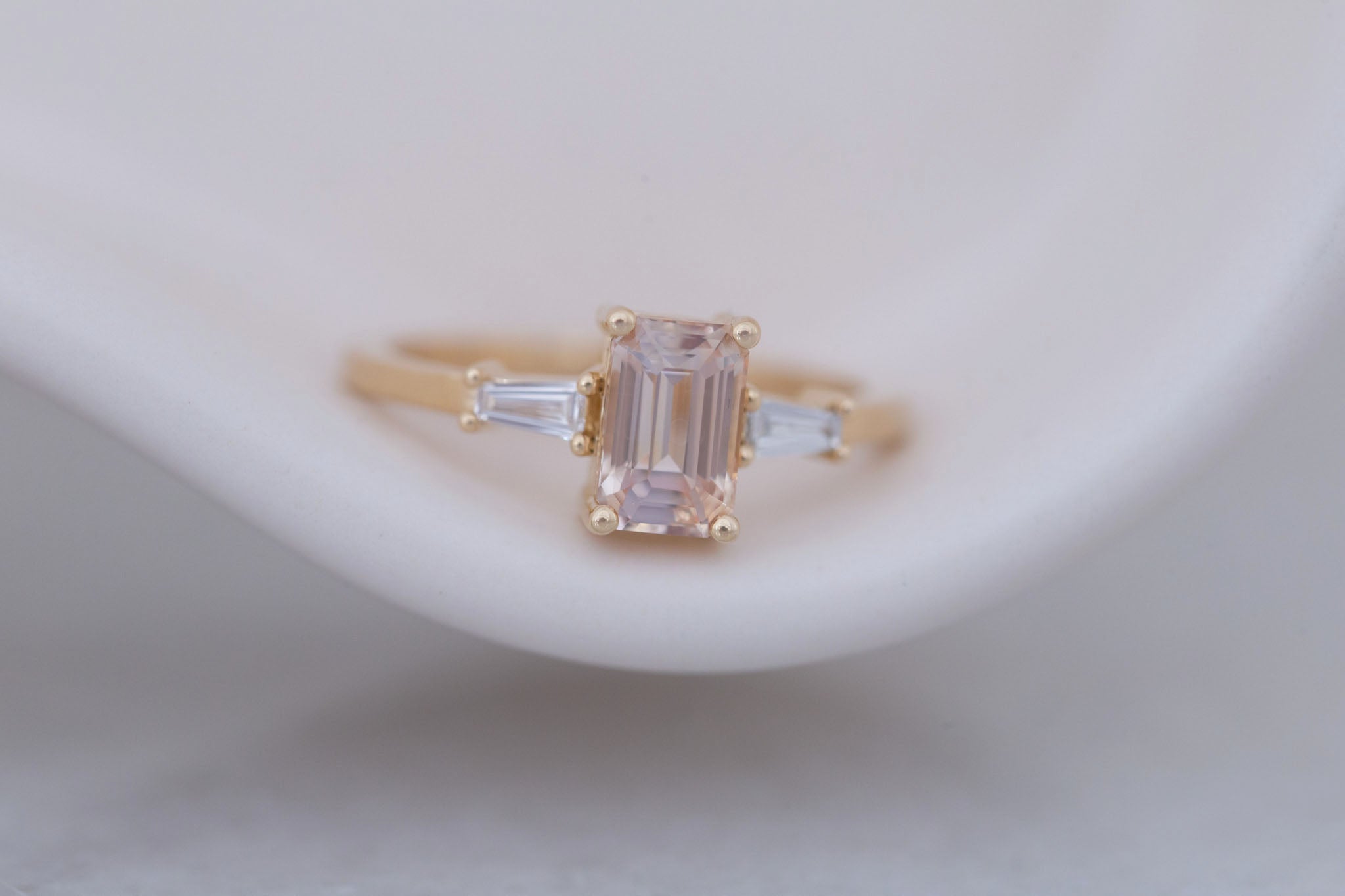 Marlowe Ring | Peach Emerald Cut Sapphire + Tapered Baguette Engagement Ring 1.34 ct | 14k Recycled Gold | One of a Kind