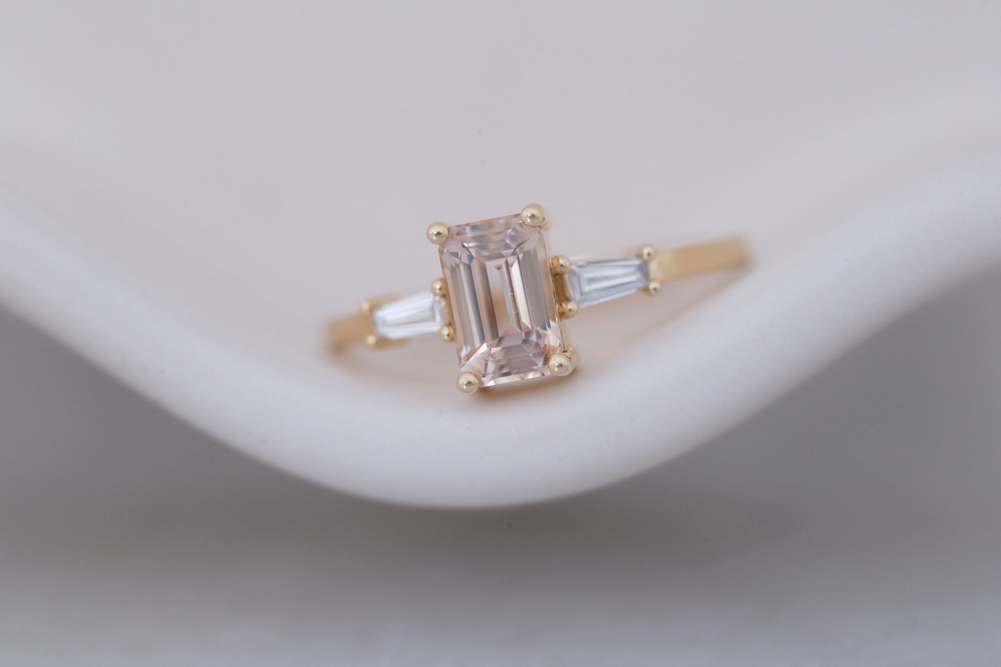 Marlowe Ring | Peach Emerald Cut Sapphire + Tapered Baguette Engagement Ring 1.34 ct | 14k Recycled Gold | One of a Kind