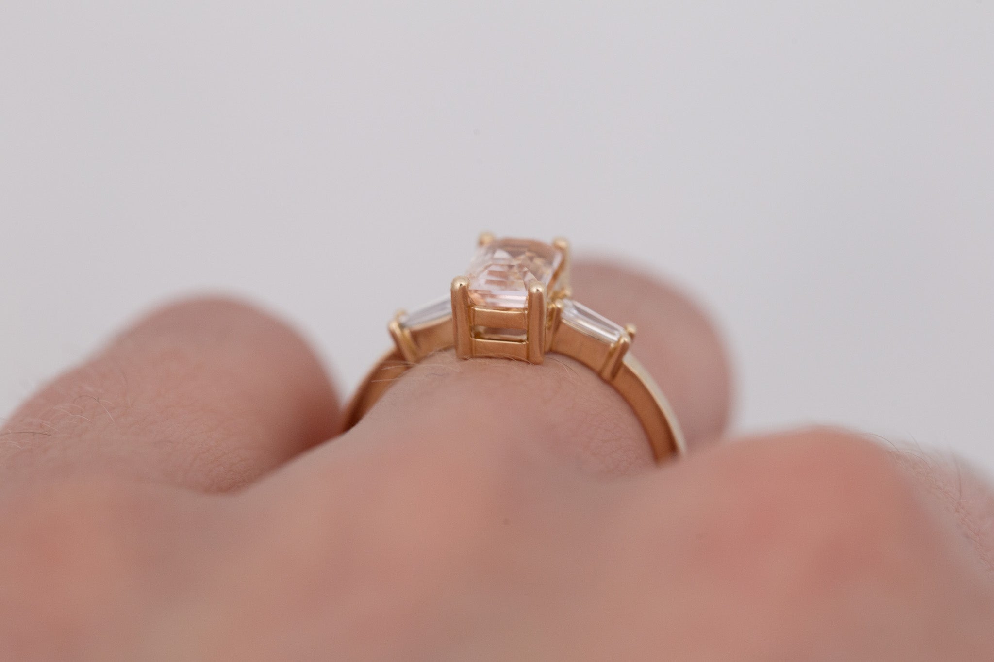 Marlowe Ring | Peach Emerald Cut Sapphire + Tapered Baguette Engagement Ring 1.34 ct | 14k Recycled Gold | One of a Kind