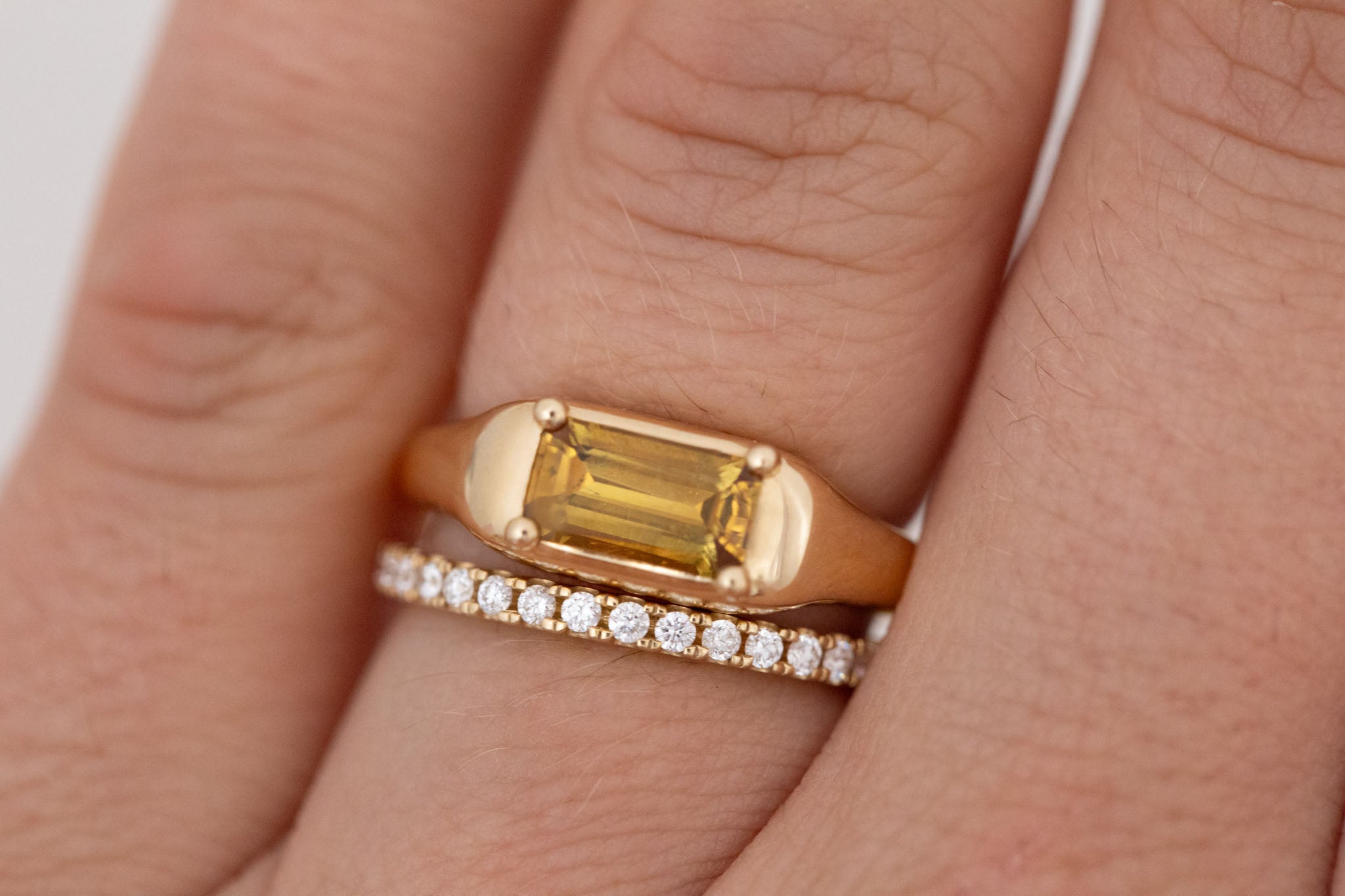 Donovan Ring | Ochre Emerald Cut Sapphire Signet Engagement Ring | 14k Recycled Gold | One of a Kind
