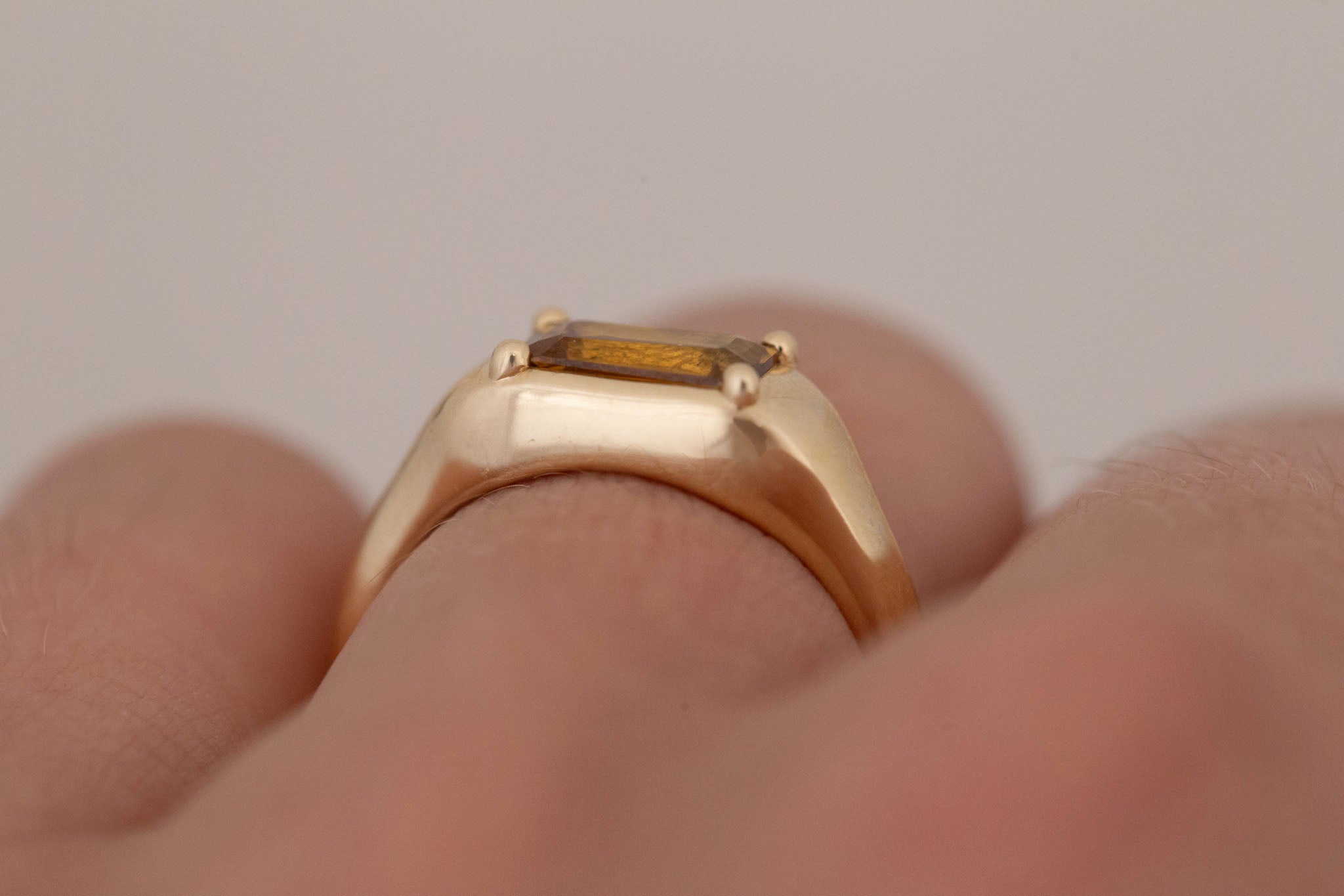 Donovan Ring | Ochre Emerald Cut Sapphire Signet Engagement Ring | 14k Recycled Gold | One of a Kind